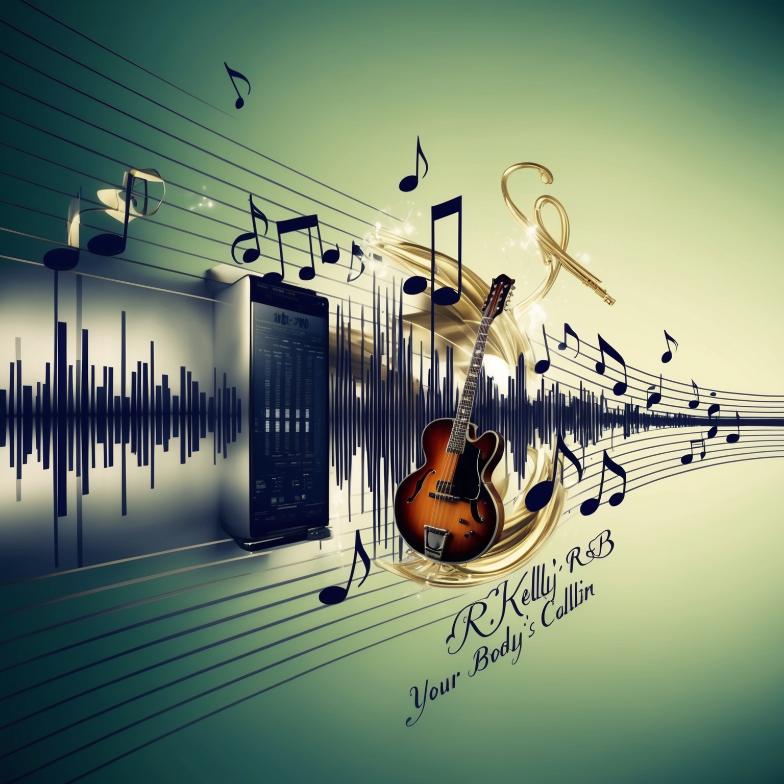 A digital illustration capturing the essence of 1990s R&B, featuring a smooth audio waveform flowing alongside musical notes and instruments like synthesizers, strings, and a bass guitar. The image should evoke the suave and rich soundscape of R. Kelly