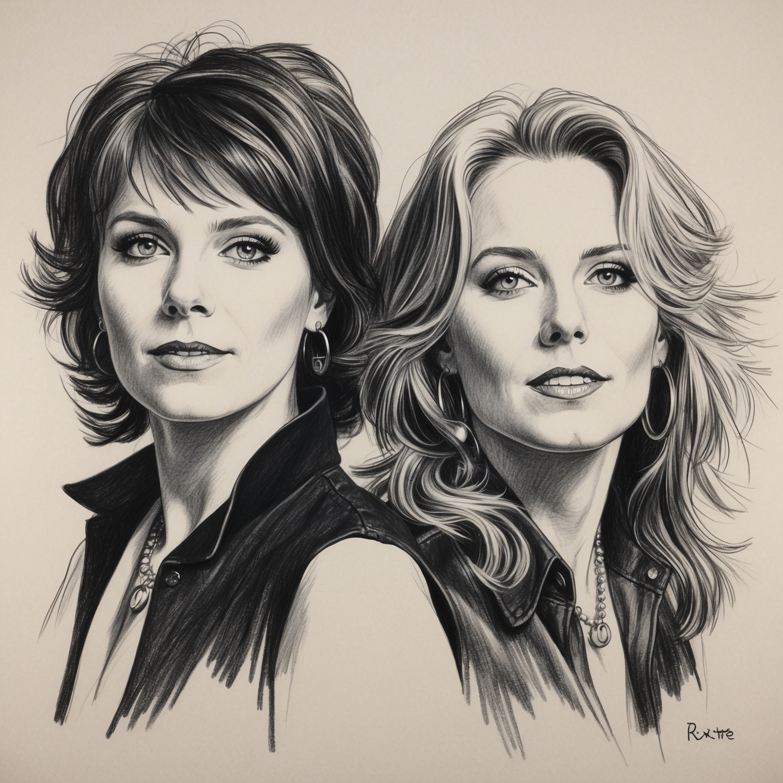 Create a black and white charcoal drawing of the Swedish pop-rock duo Roxette, with a focus on Marie Fredriksson and Per Gessle, capturing their essence from the late 1980s era. The portrait should have an artistic, half-finished feel, conveying the dynamic and iconic nature of the band during this time.