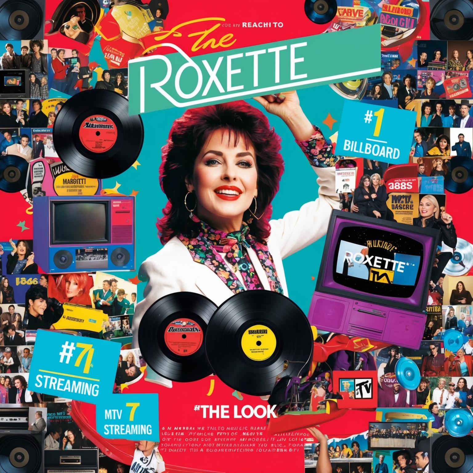 A vibrant collage of 1980s music elements featuring Roxette