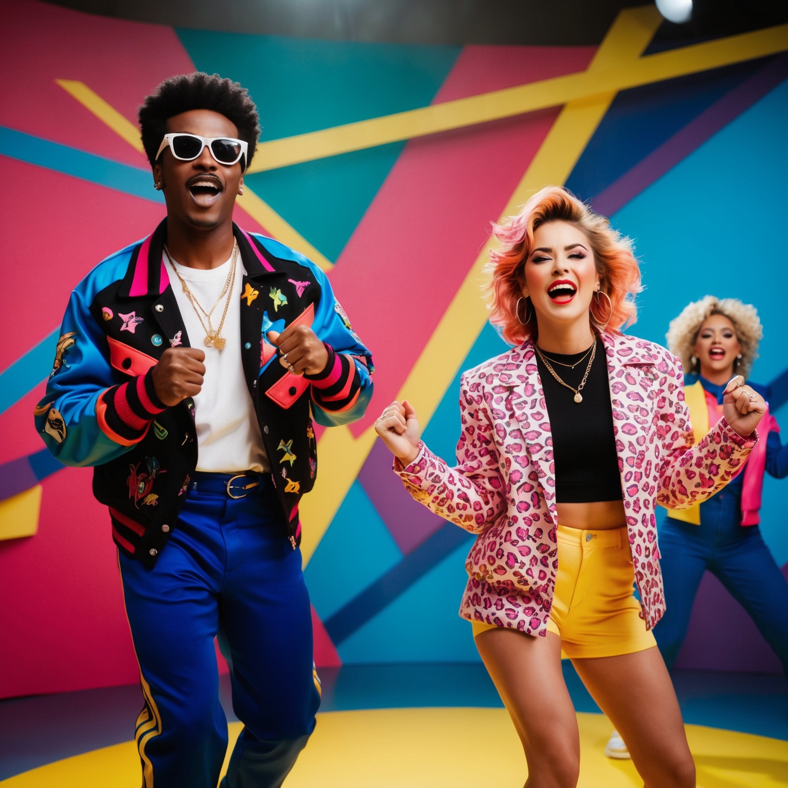 An energetic and vibrant late 80s themed music video set, featuring a male and female pop duo with distinctive fashion styles performing in front of dynamic, colorful backdrops. The focus is on vivid aesthetics, bold colors, and dynamic, charismatic expressions, capturing the essence of late 1980s pop culture.