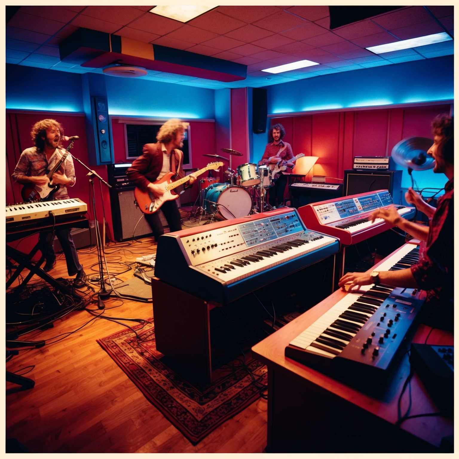 A vibrant and dynamic studio environment, evoking a sense of motion and energetic creativity. Instruments like electric guitars and synthesizers should be central in the scene, set within a late 1980s recording studio with vibrant retro décor. The ambiance should reflect a lively and productive recording session with musicians passionately playing their instruments.