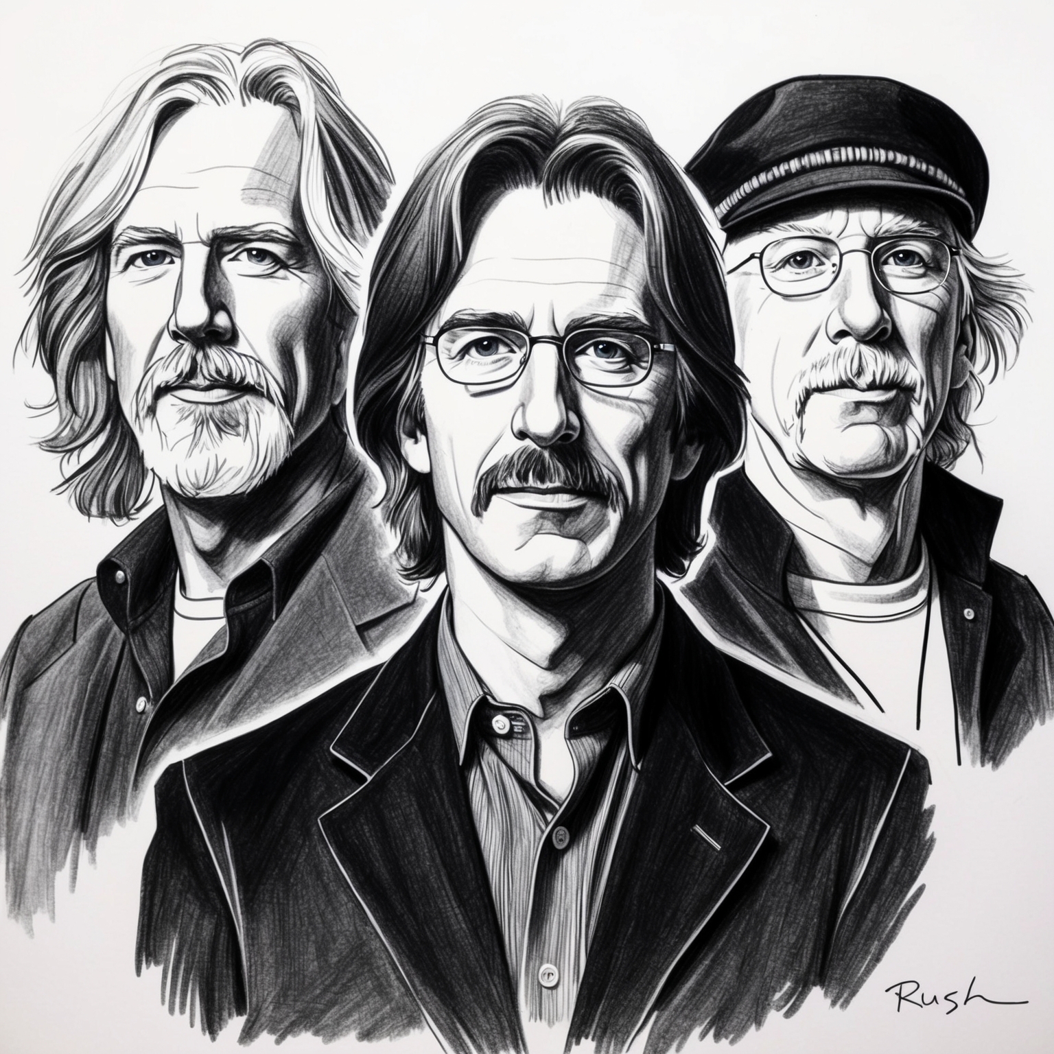 Create a black and white charcoal drawing of the band Rush, showcasing Geddy Lee, Alex Lifeson, and Neil Peart. The portrait should have a half-finished feel, capturing the essence of their impact on the progressive rock genre.