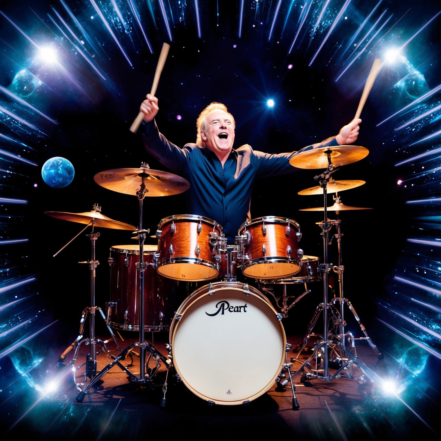 A depiction of Neil Peart in his prime, energetically playing drums with a backdrop of futuristic and cosmic elements, rays of light symbolizing creativity and innovation in progressive rock music.