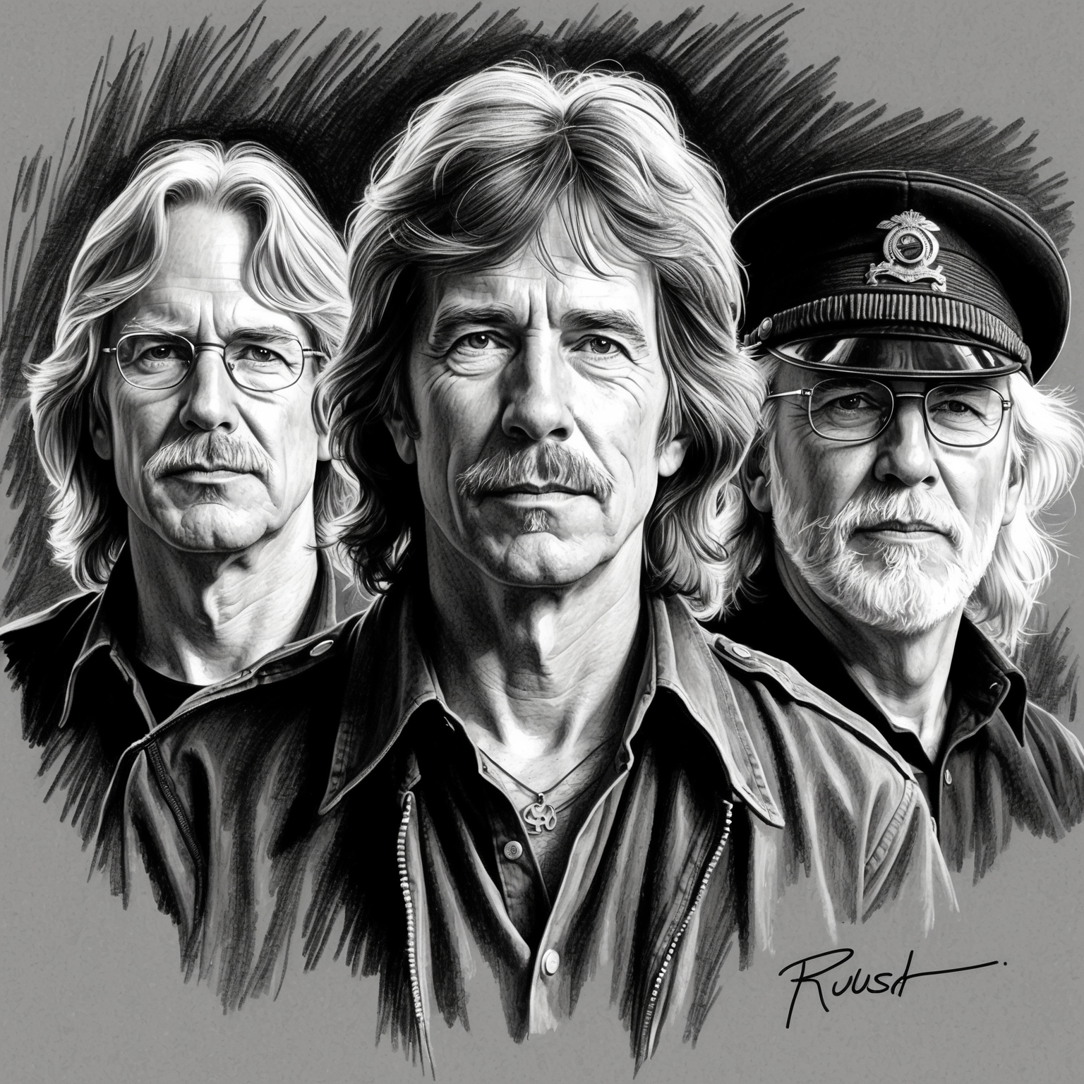 Create a charcoal, stylistic drawing of Rush, the band, featuring Geddy Lee, Alex Lifeson, and Neil Peart. The portrait should be black and white, half-finished, capturing the essence of their 70s persona in a progressive rock backdrop.