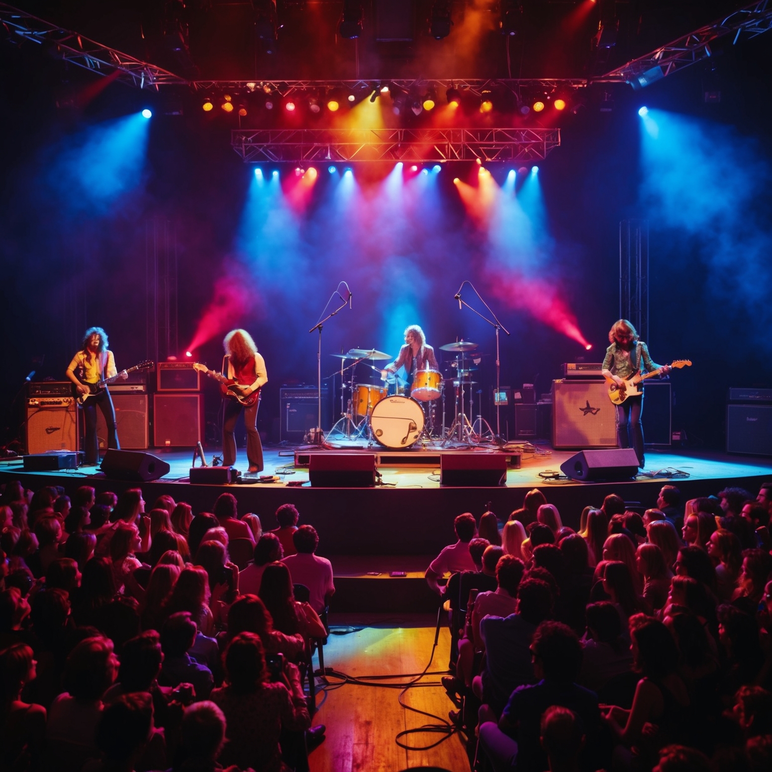 A 1970s aesthetic concert scene featuring a rock band performing on stage with an enthusiastic audience. Highlight the iconic elements of a live show from that era: vibrant stage lights, vintage instruments, and an engaged crowd. Emphasize the energetic and connected atmosphere of a memorable rock performance.