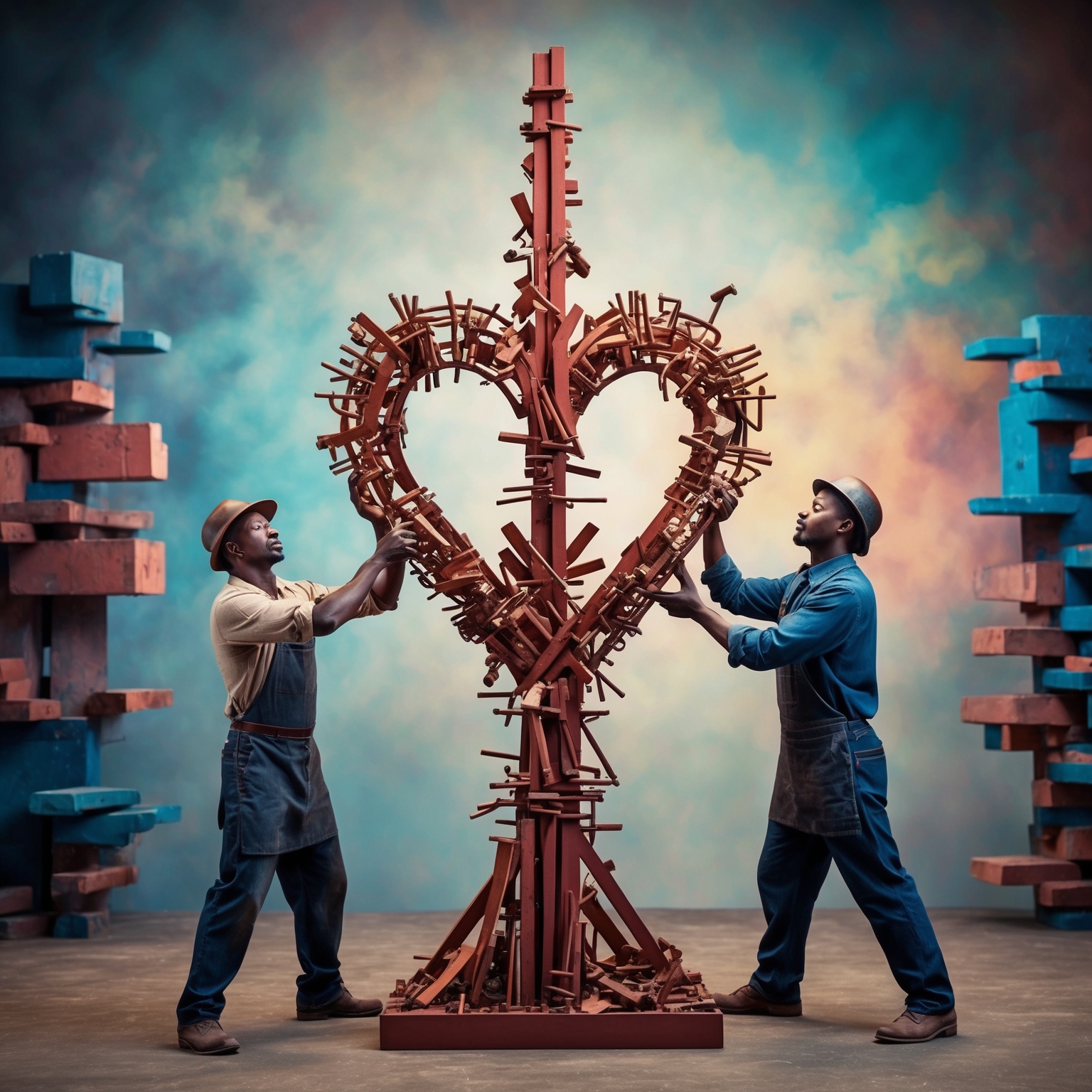 A creative depiction of two figures: a blacksmith and an artist, symbolically molding and shaping elements that merge into a towering structure symbolizing a heart. The backdrop should reflect an abstract world, where raw materials intertwine with vibrant shades of creativity and building blocks of society. The mood should capture inspiration, craft, and socio-cultural evolution.