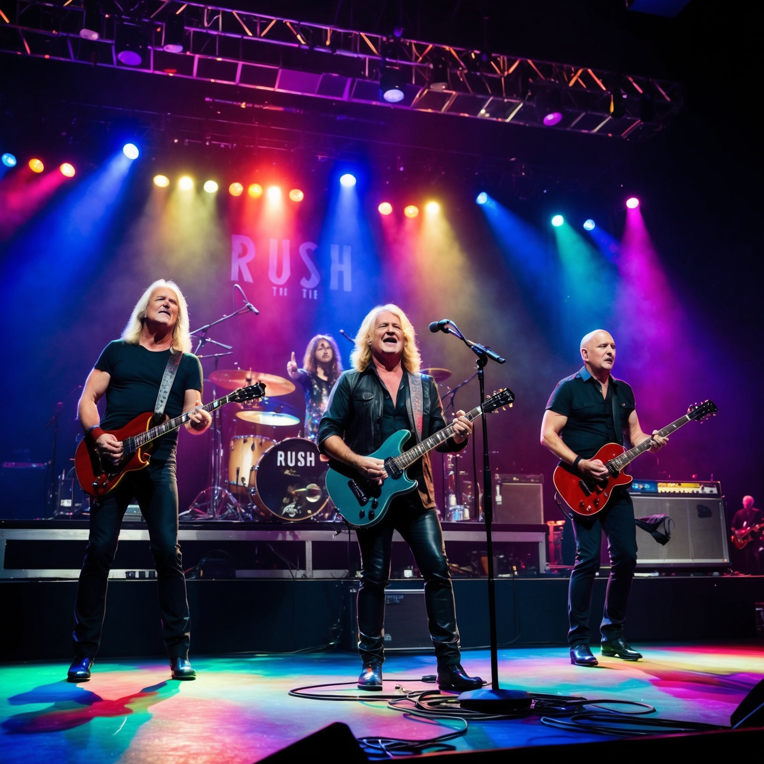 A live concert setting with Rush band members on stage during a performance of 