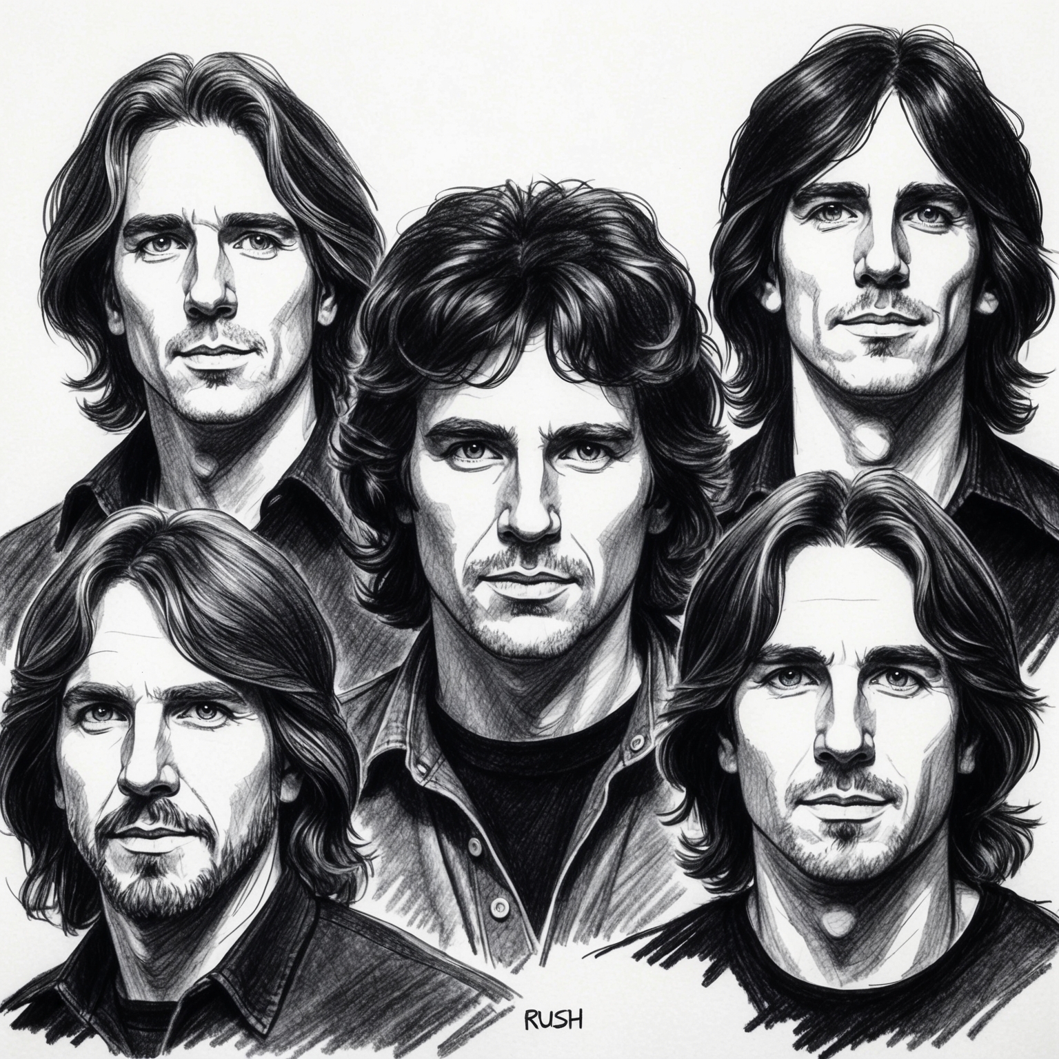 A black and white charcoal portrait of Rush, with a half-finished feel, capturing the band as they appear around the release of 