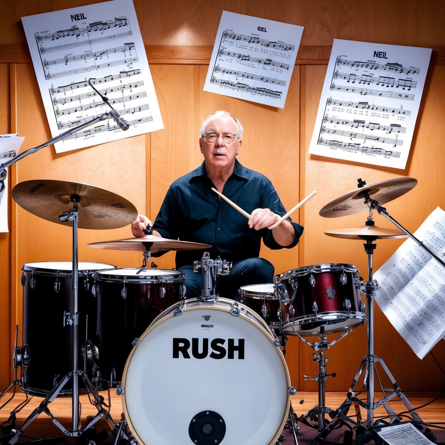 Illustration of Neil Peart, playing drums in a music studio. Surrounded by musical notes and lyric sheets, reflecting his multifaceted role as both drummer and lyricist for Rush.