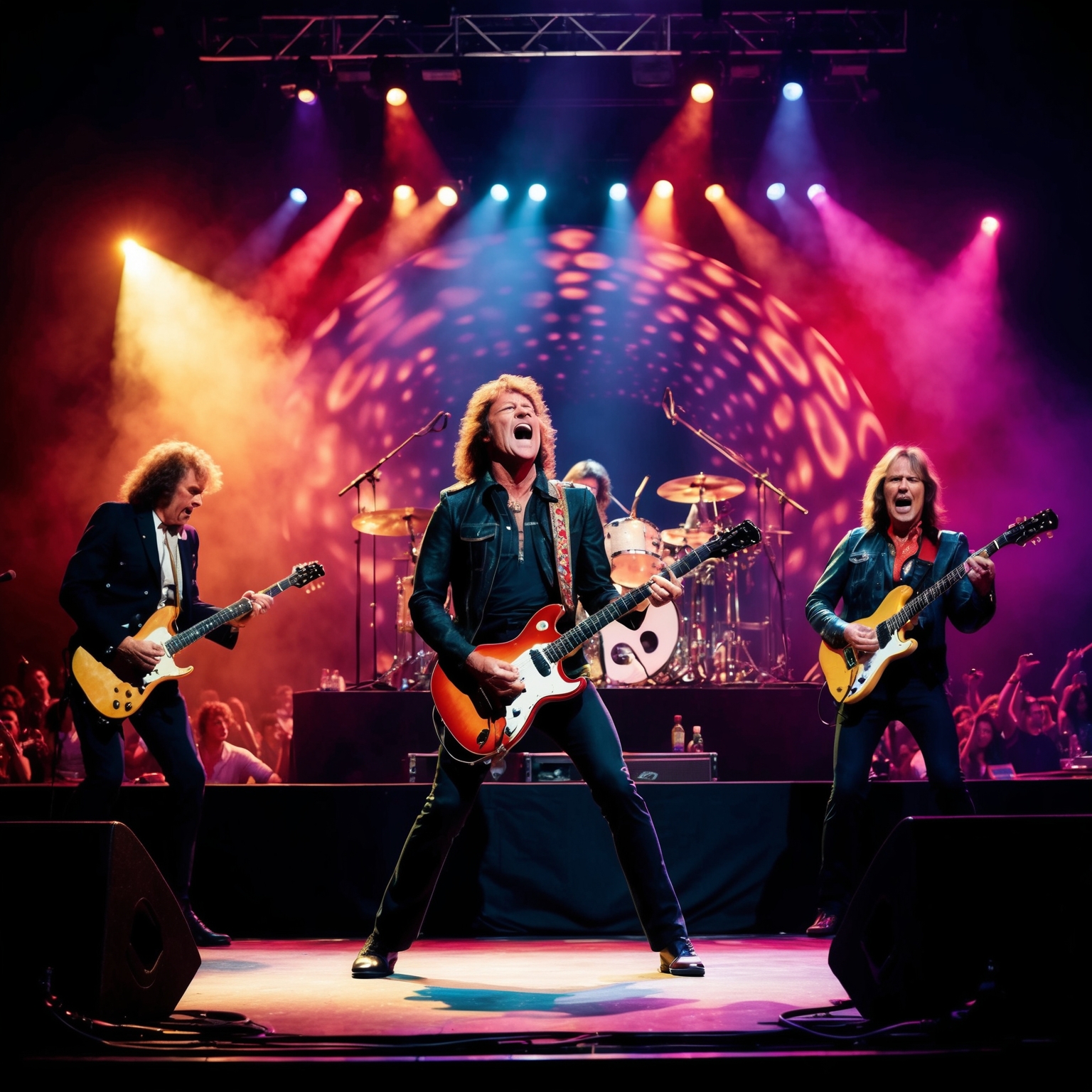 Create an image of a classic rock concert, featuring a band performing on stage with a dynamic crowd and colorful lights. Capture the energy of a rock anthem with musicians passionately playing their instruments, highlighting elements that suggest a homage to Rush