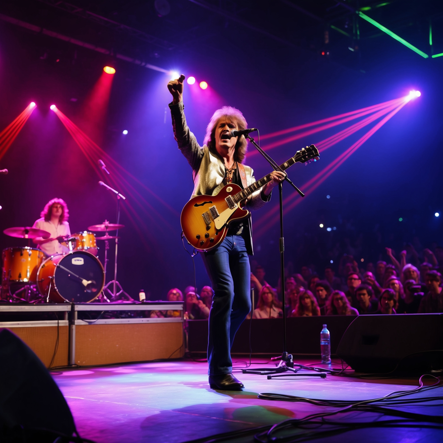 A classic 1980s rock concert scene, spotlight on a guitar on stage, with a captivated audience. Feature elements like a drum set and microphone, dimly lit rock venue with vibrant laser lights to convey an energetic rock performance.