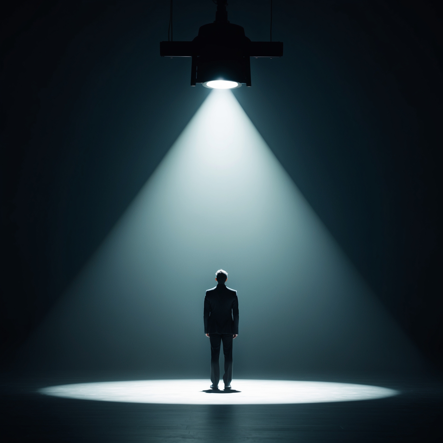 An evocative image of a spotlight on a lone figure on stage, encapsulating the themes of fame, isolation, and introspection, with shadows symbolizing personal barriers.