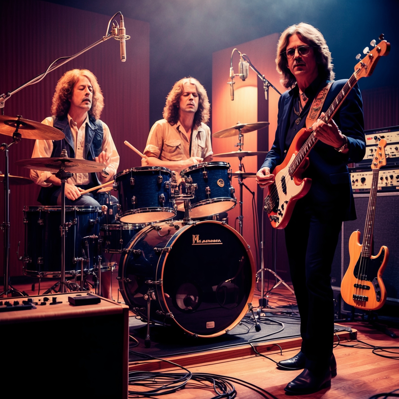 Create an image capturing the essence of a legendary rock band performing in a recording studio, emphasizing on technical equipment from the late 1970s to early 1980s. Include a drummer with a sophisticated drum kit, a guitarist with a distinct rock look, and a bassist wearing glasses, each focused intensely on their music amidst a backdrop of vintage recording gear and moody studio lighting.