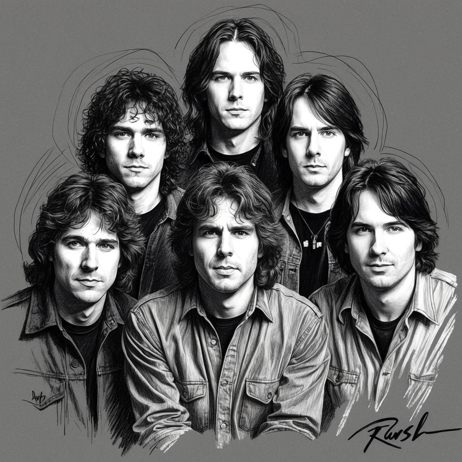 A charcoal, stylistic drawing of Rush, showcasing the band members with a black and white, half-finished feel, capturing their essence and artistry.