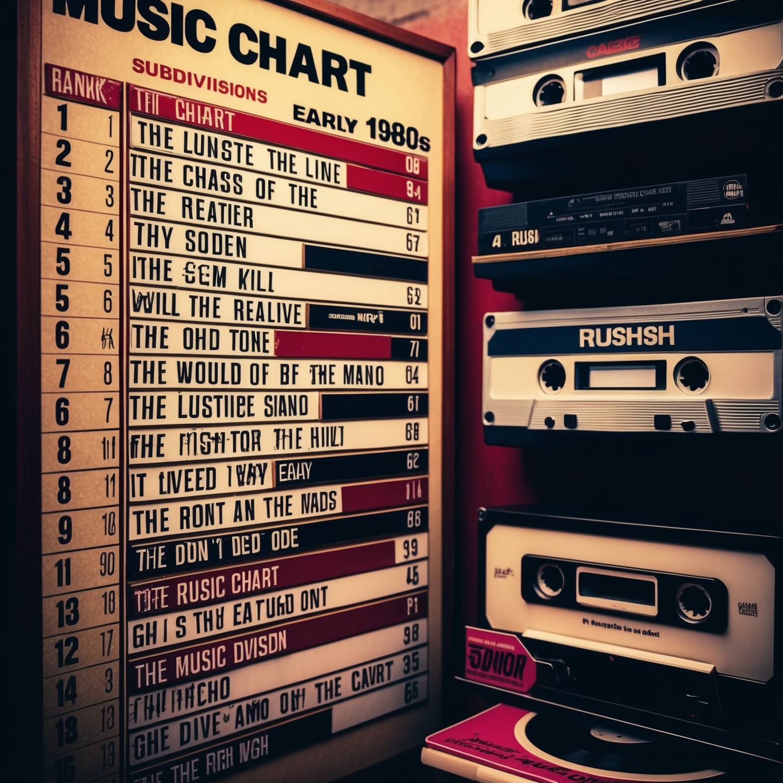 A retro scene from the early 1980s, depicting a music chart with various songs ranked, with 