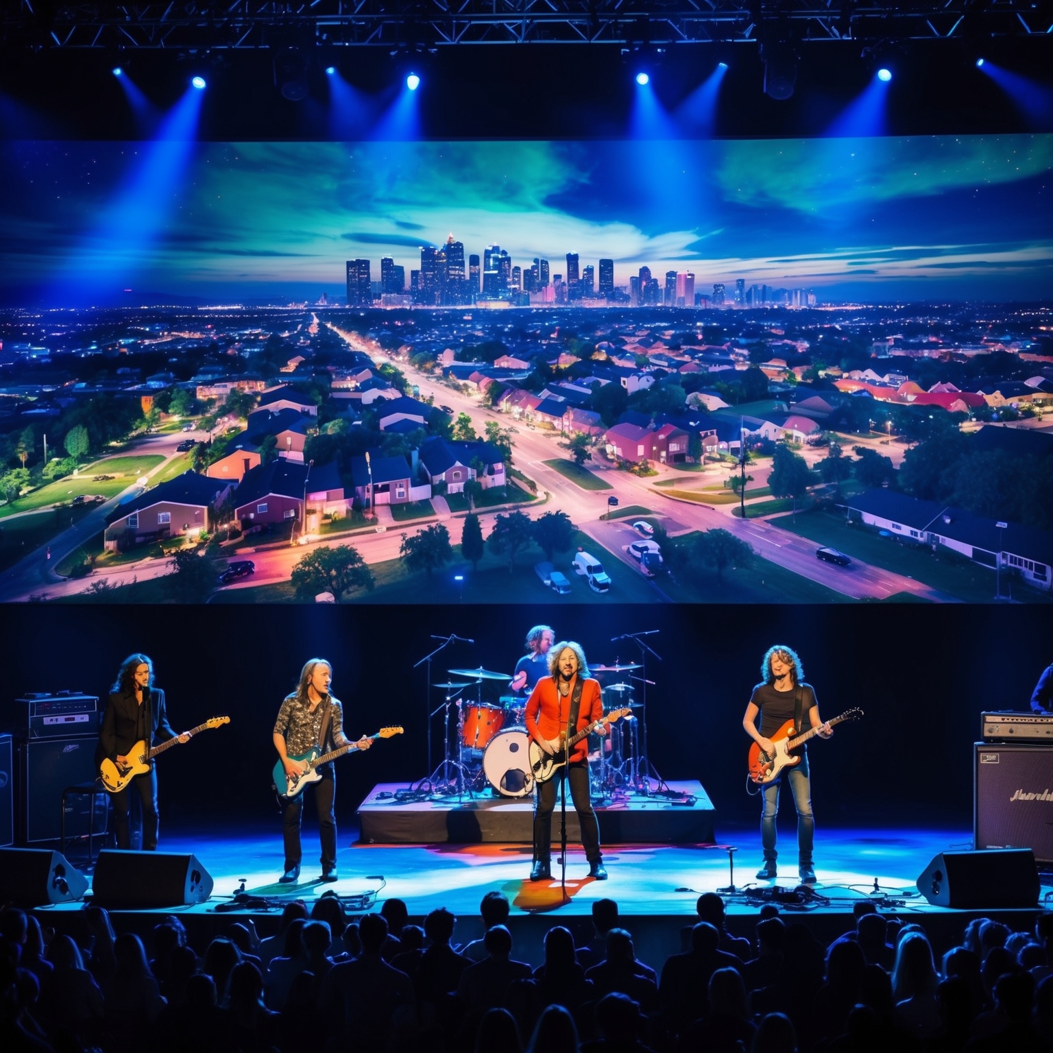 Create an image capturing a live concert scene of a rock band performing on stage, with dynamic visual displays of urban landscapes and suburban life projected in the background. Highlight the energy of the crowd and the vibrant lights illuminating the stage. The atmosphere should feel immersive and reflective of a classic rock concert experience.