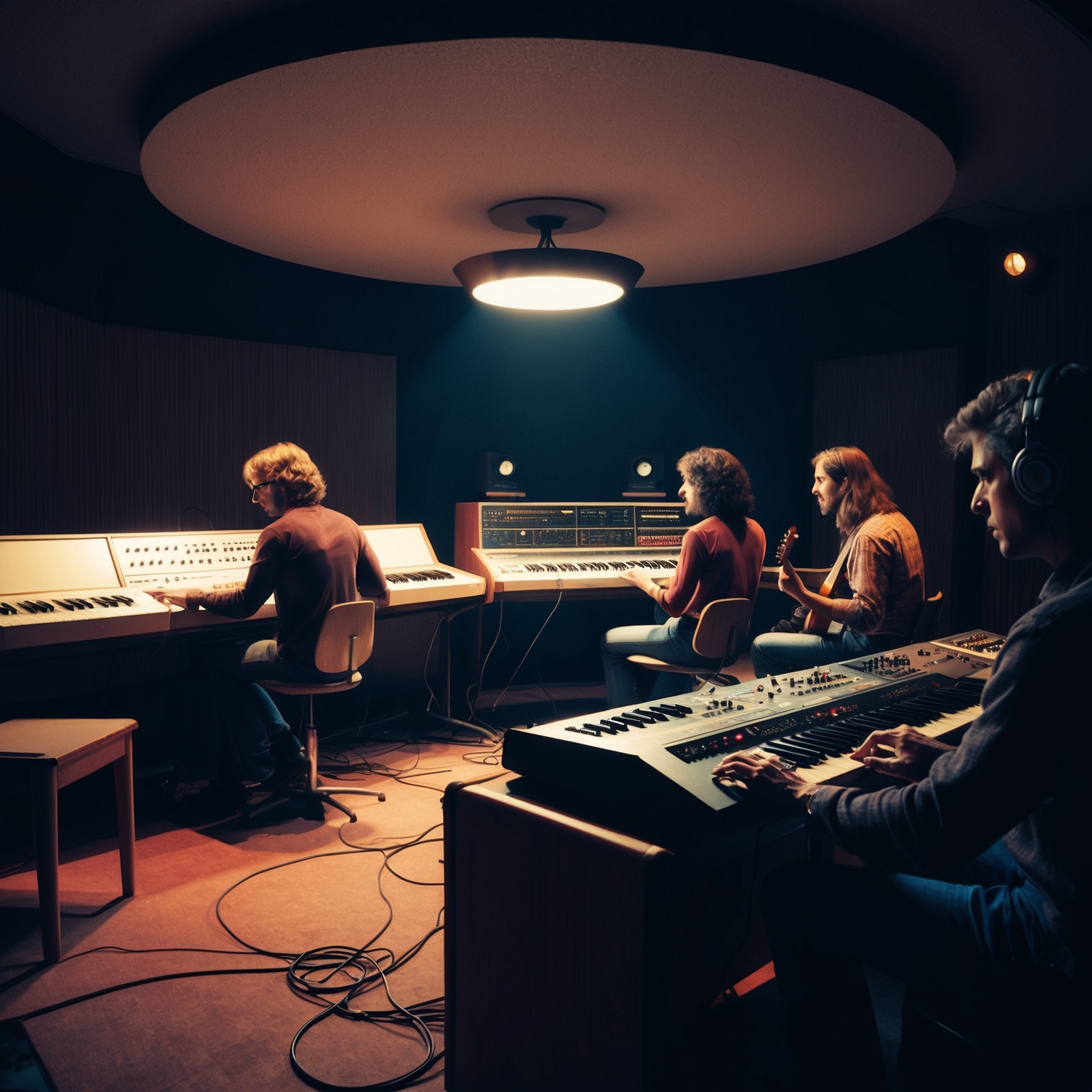 Create an image of a futuristic music studio with synthesizers and guitars, set in a dim light showing musicians in deep concentration. Capture the essence of a progressive rock band