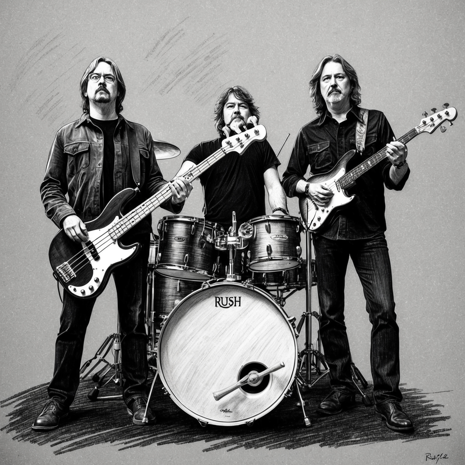 A stylistic black and white charcoal drawing of the band Rush, with a half-finished feel. Focus on capturing the unique personalities of the trio—Geddy Lee with his bass, Alex Lifeson with his guitar, and Neil Peart with his drums in a creative and iconic pose.