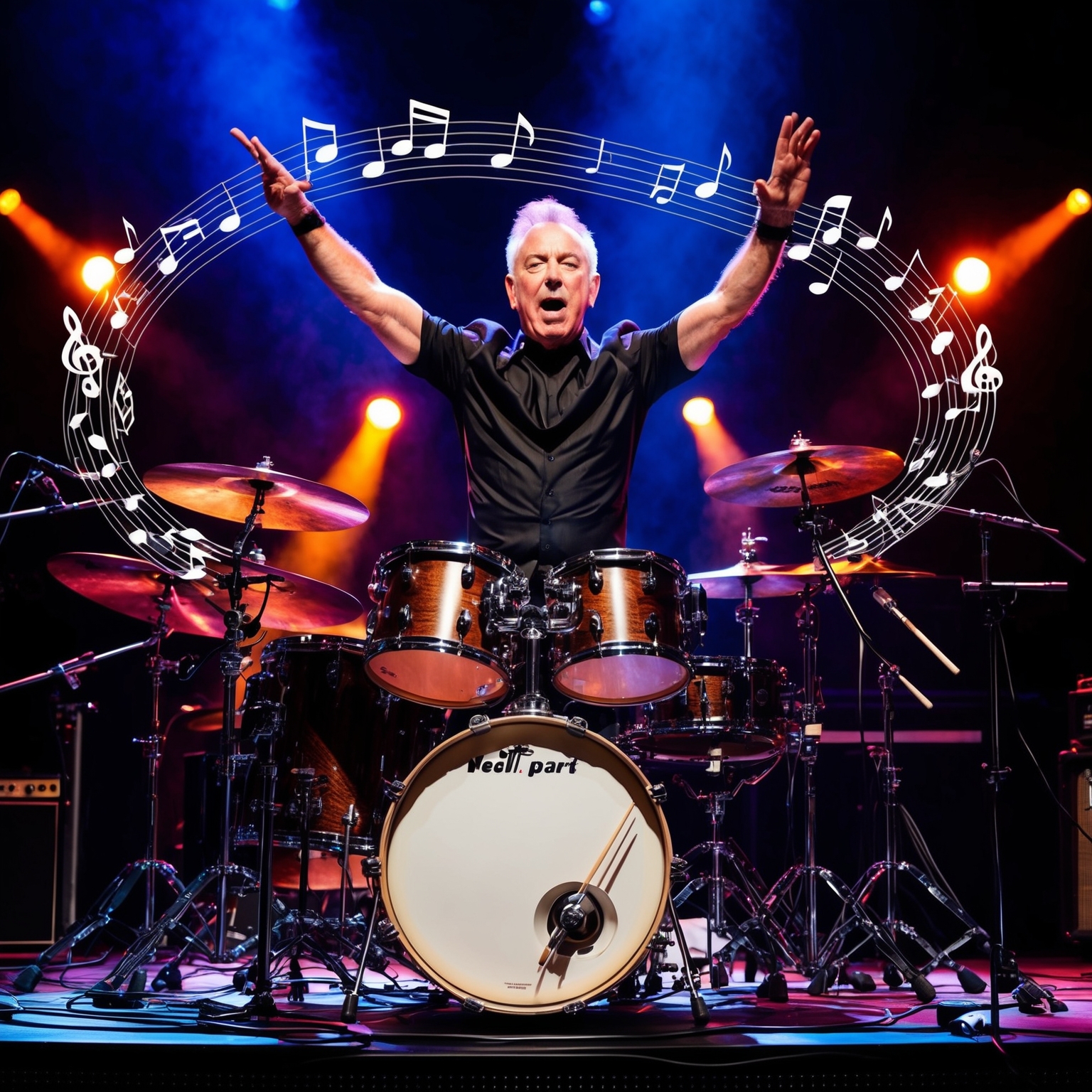 Neil Peart in a dynamic pose on stage, surrounded by a complex drum kit, bright stage lights, music notes swirling around him, hinting at his rhythmic genius.