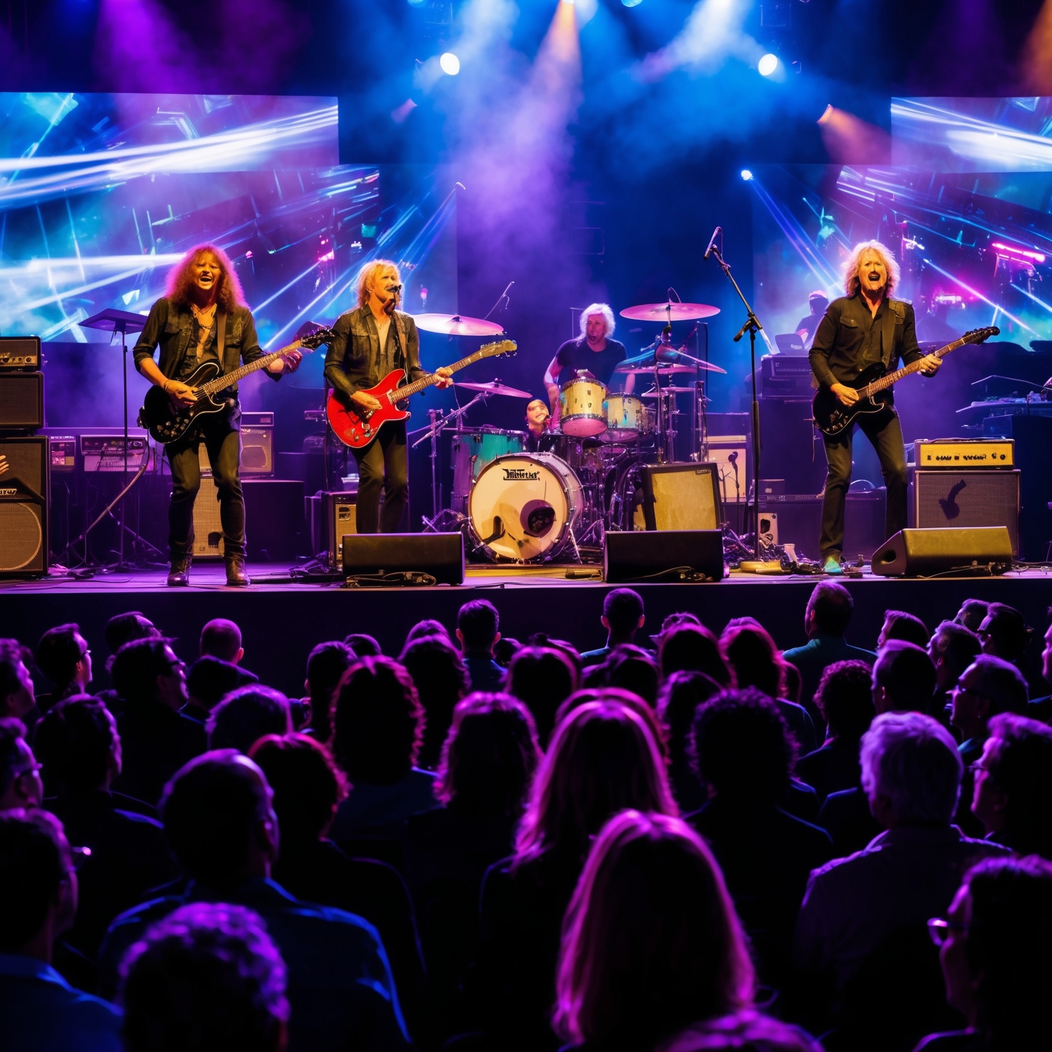 A vibrant concert scene depicting a rock band performing with dynamic lighting, emphasizing intense musicianship. Background visuals complement the complex rhythms of an instrumental rock song, showcasing people