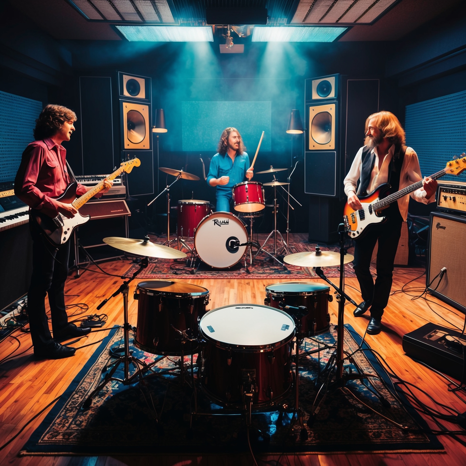 Create an image depicting a retro recording studio from the 1980s with musicians playing different instruments like drum kit, electric guitar, and bass. The atmosphere should be dynamic and energetic, capturing the vibrant and technical essence of a progressive rock band creating music. Give a nod to Canadian aspects, possibly referencing Toronto in a subtle way, to pay homage to Rush