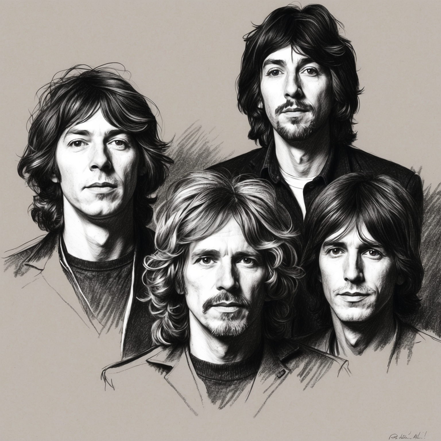 Create a charcoal, stylistic drawing of the band Talking Heads in a black and white portrait. Capture the artistic essence of David Byrne, Chris Frantz, Tina Weymouth, and Jerry Harrison with a half-finished, abstract feel. Focus on conveying the unique and unconventional energy of the band during the late 1970s.