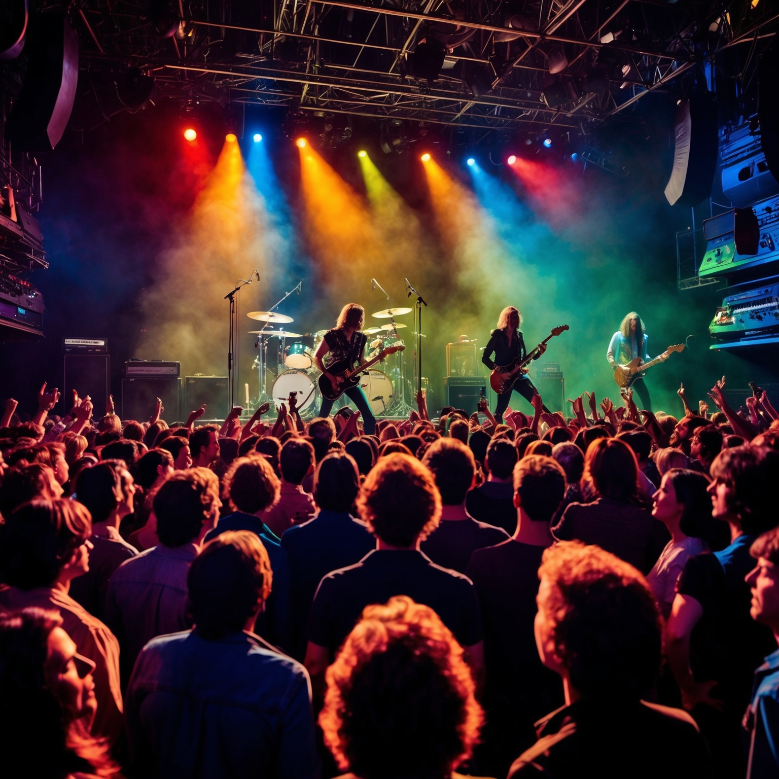 Illustration of a crowded concert with eclectic lighting, a rock band on stage passionately performing, focusing on the energy and vibe, capturing a retro yet timeless atmosphere similar to the style of Talking Heads in the 1970s.