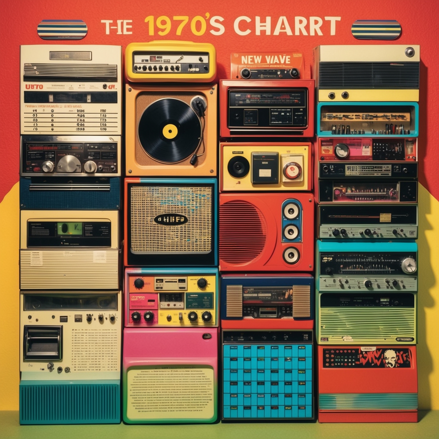 A vibrant 1970s music chart scene, with retro elements depicting a unique and creative new wave sound, capturing the essence of the late 70s rock and new wave genre.