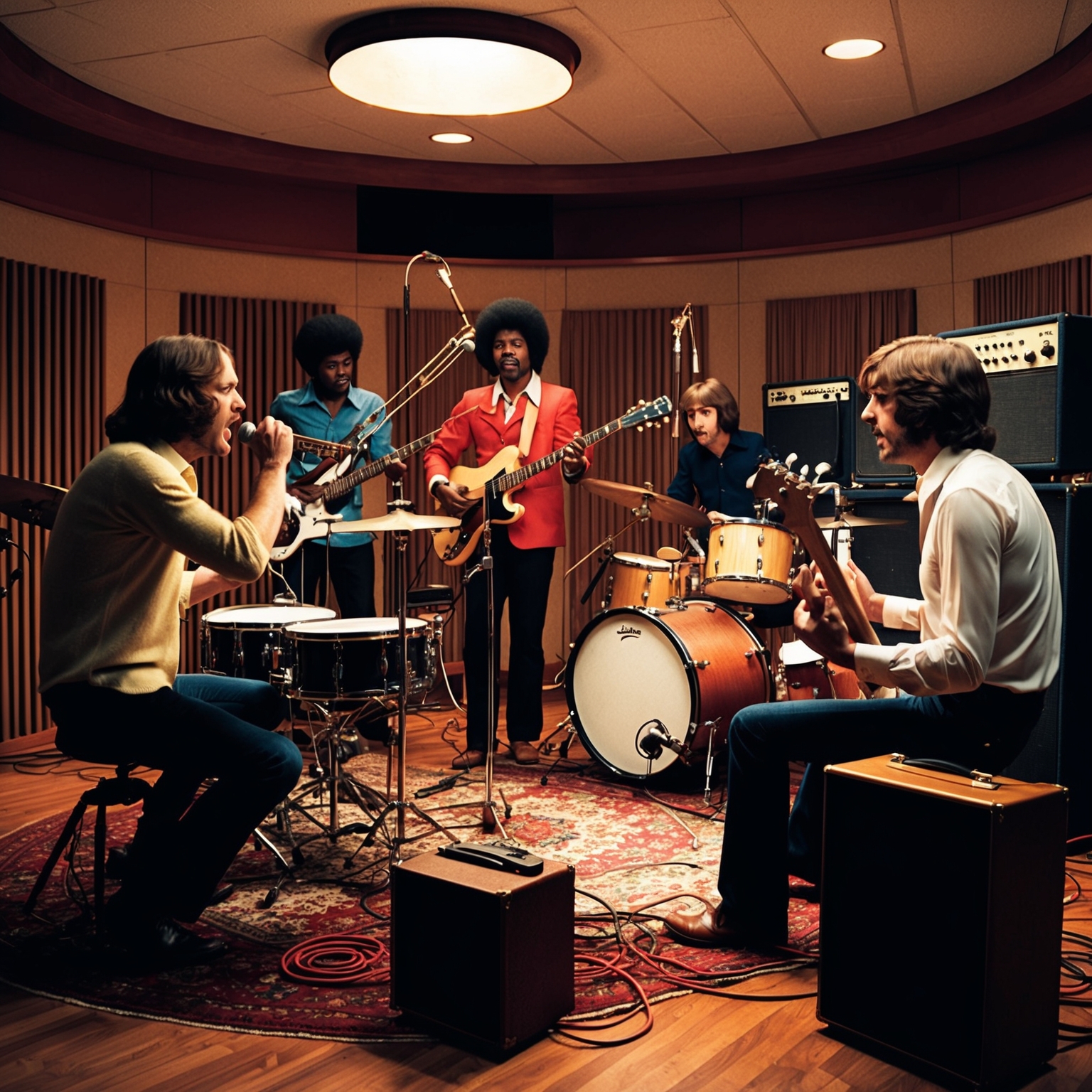 A detailed representation of a music studio from the 1970s, featuring vintage recording equipment. The setting captures a band during a creative recording session, with one member intensely focused on vocals while others concentrate on a unique arrangement of guitars, bass, and drums.