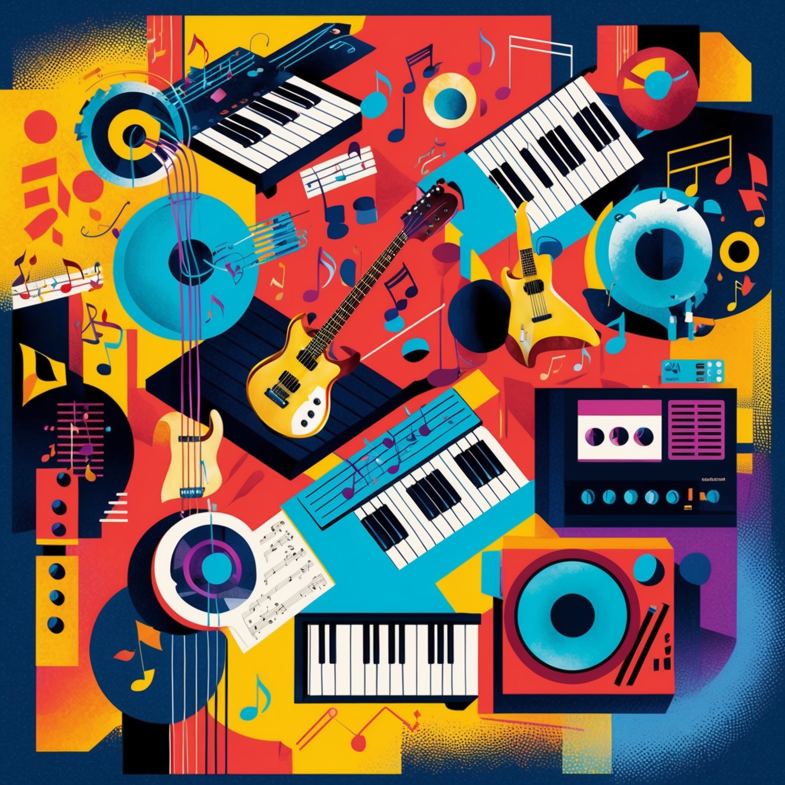 Create an illustration that captures the essence of music composition, featuring a blend of musical notes, instruments like guitars and synthesizers, and abstract elements that represent creativity, in a vibrant 1980s aesthetic. Focus on an artistic representation of teamwork and synergy in music creation.