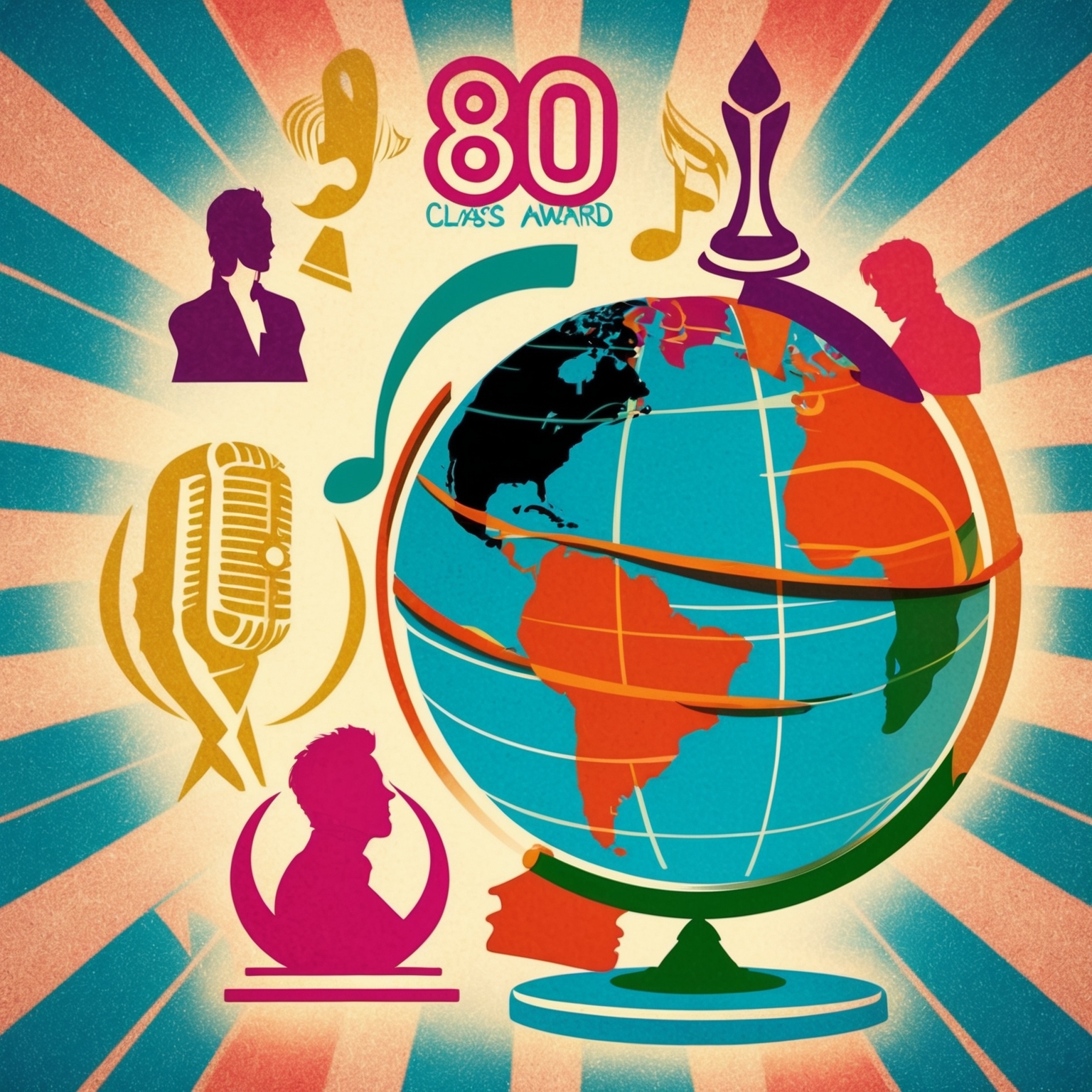 Create an image that embodies a celebration of a classic 80s song, featuring elements symbolizing music awards, a globe to signify worldwide recognition, and silhouettes or symbols of iconic artists who have covered the song. Use vibrant colors with a nostalgic retro aesthetic to capture the timeless essence of the 80s era.