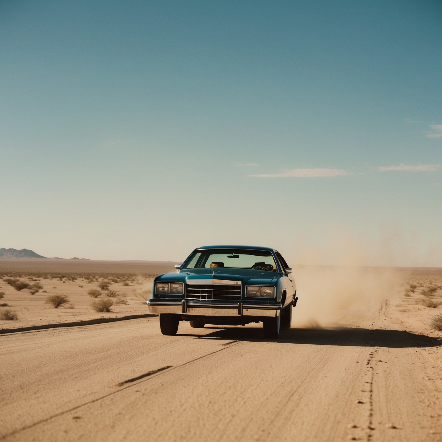 A scene depicting a vintage car driving through a 1980s desert landscape, capturing the essence of liberation and adventure with vast open skies and a solitary journey, in the style of an iconic 1980s music video.