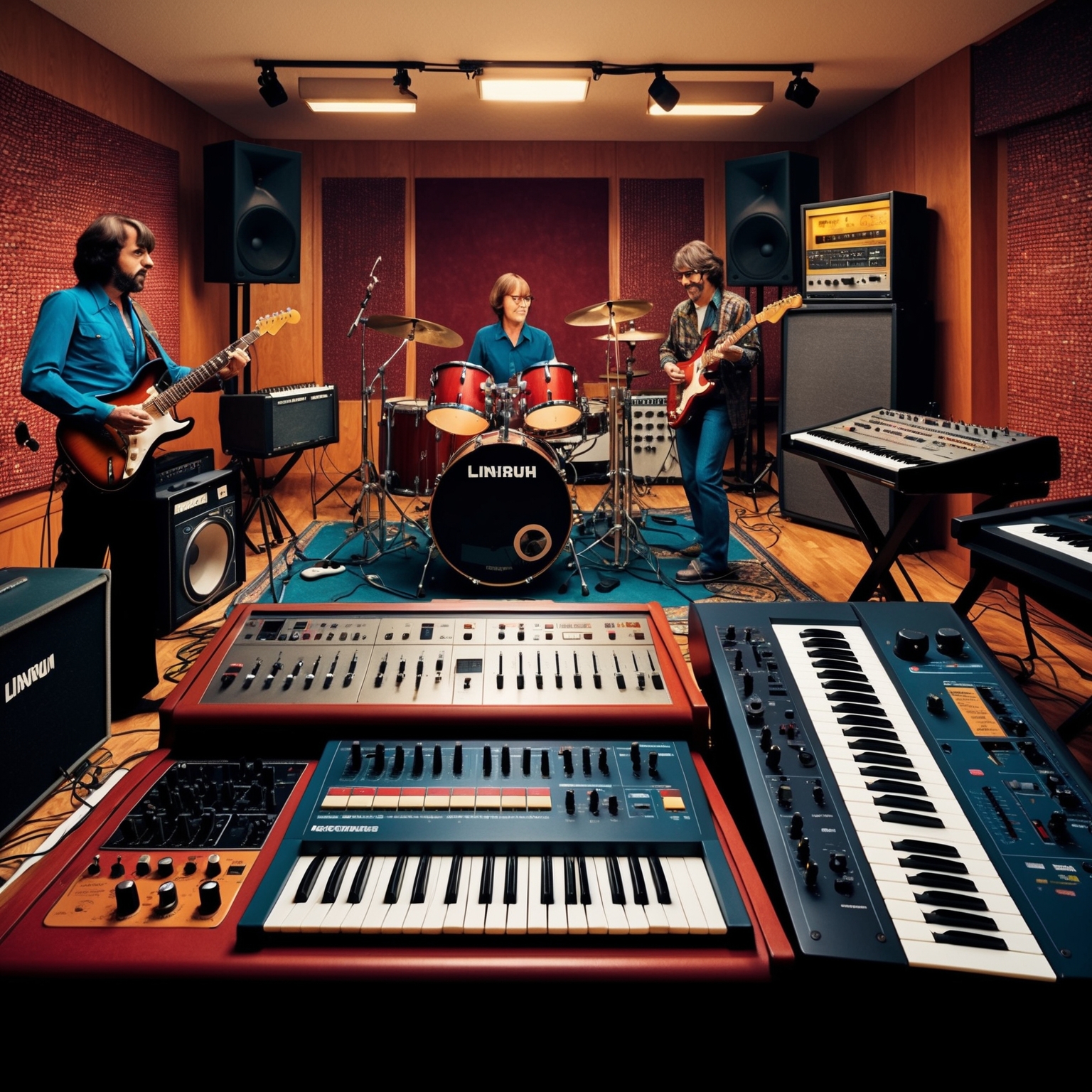 A detailed illustration of a recording studio from the 1980s, capturing analog instruments like electric guitars and synthesizers, a LinnDrum machine, and studio equipment. Include elements that evoke a sense of creativity and exploration, such as musicians in mid-performance, visualizing the song