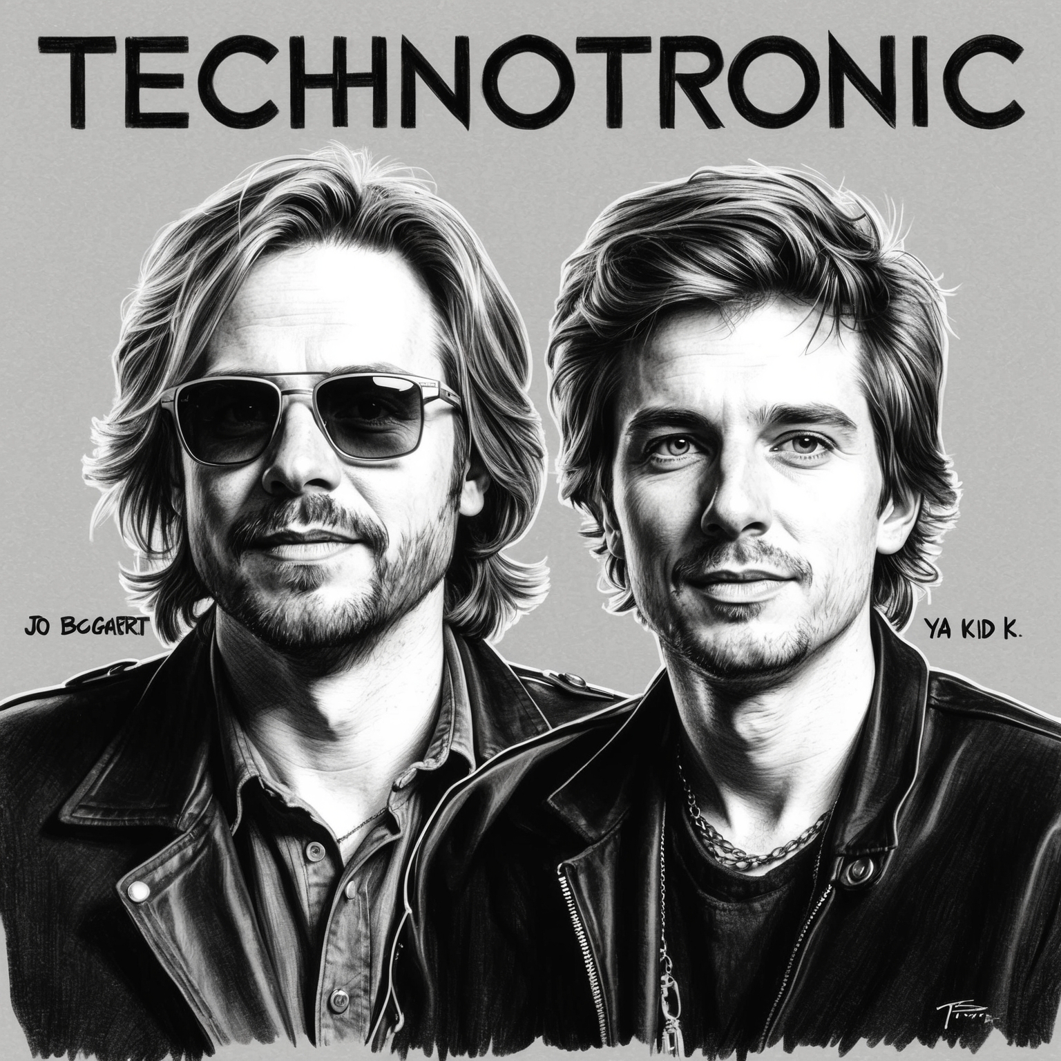 Create a black and white charcoal portrait of Technotronic, with a half-finished feel. Capture the duo with a focus on Jo Bogaert and Ya Kid K, reflecting their vibrant energy and iconic status in the late 1980s dance music scene, ensuring a stylistic and artistic representation.