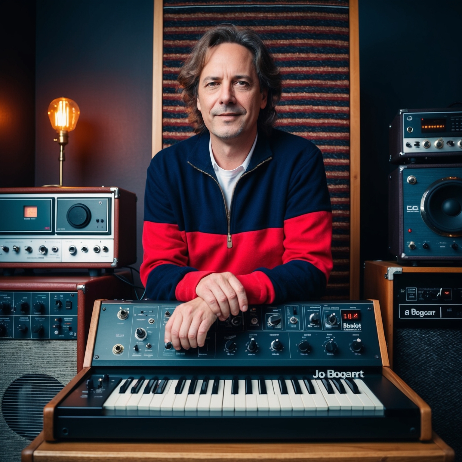 A portrait of Jo Bogaert in a creative musical setting, showcasing vintage electronic music equipment from the 1980s, exuding a retro yet innovative vibe.