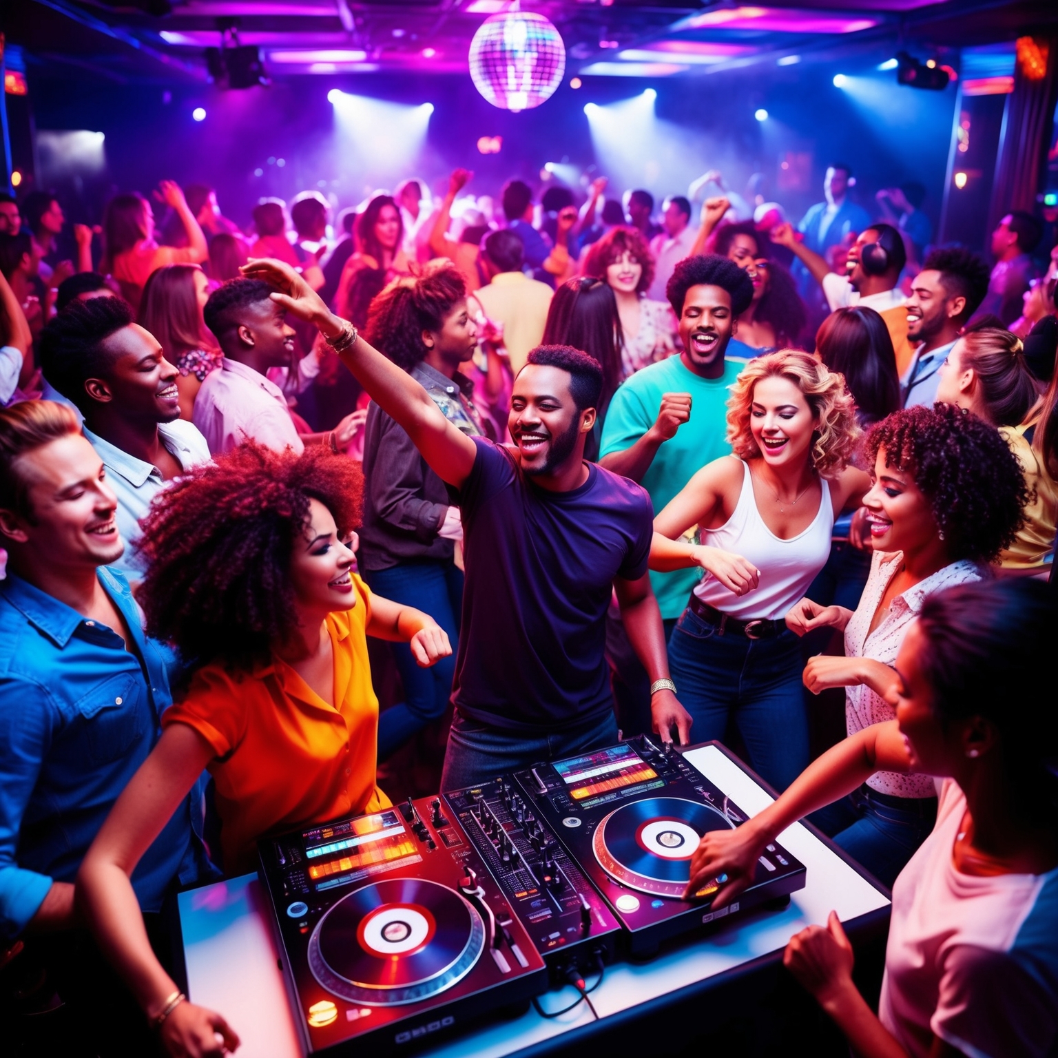 Create an image of a vibrant 1980s dance club scene filled with energetic people dancing to music. The atmosphere should be lively and colorful, reminiscent of the late 80s era, showcasing the era