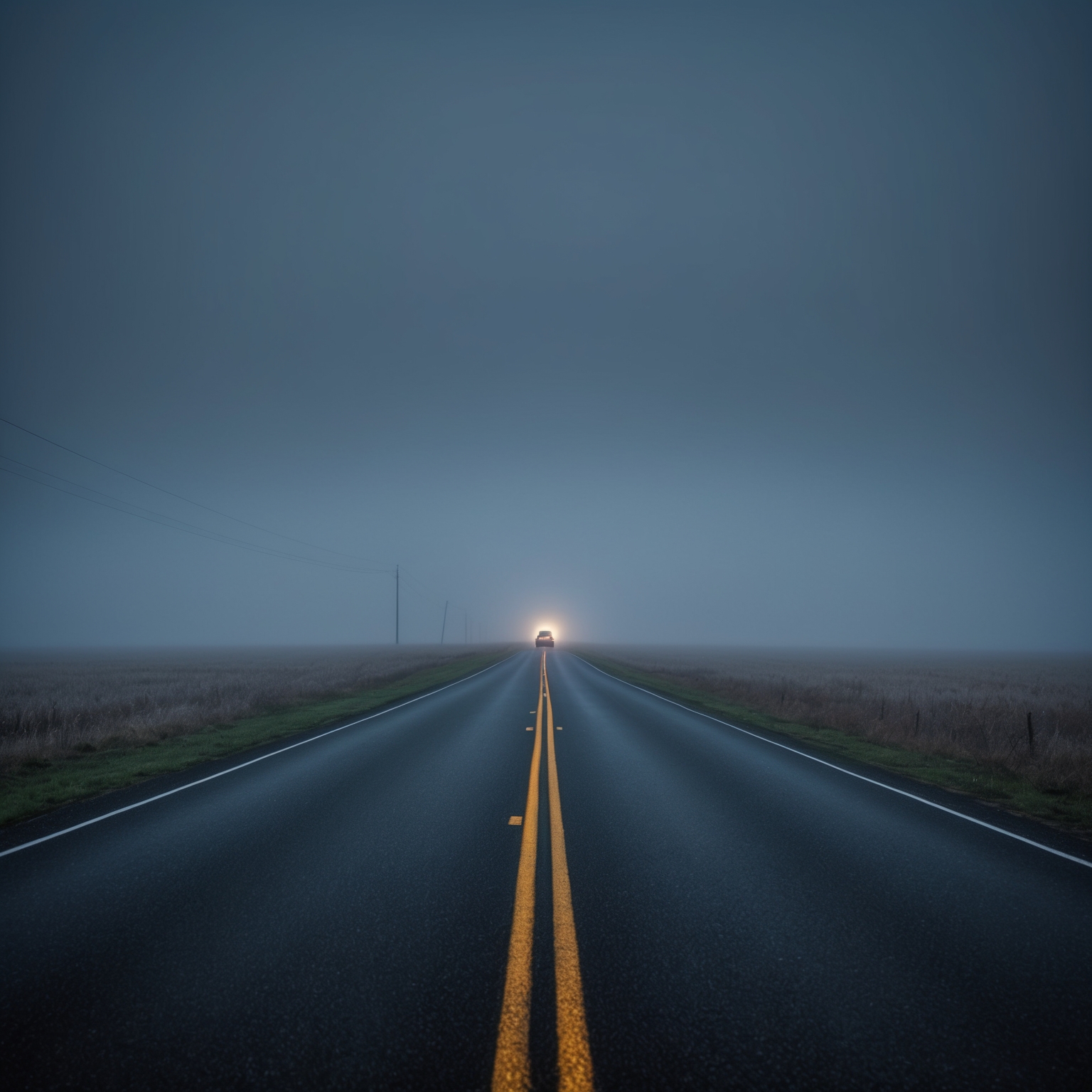 A misty night setting with an empty road, reflecting the themes of isolation and introspection, and a distant silhouette suggesting a journey, capturing the essence of The Cars