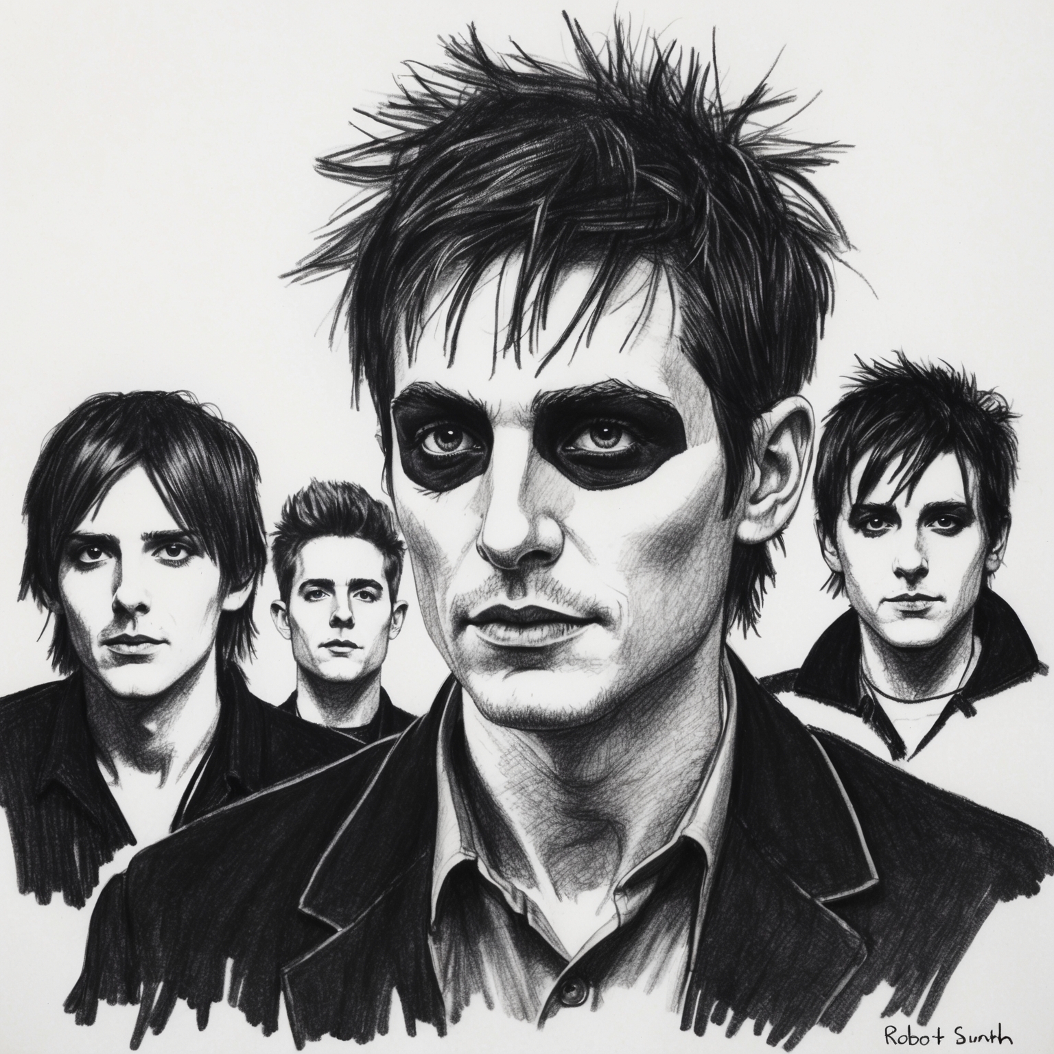 Create a charcoal, stylistic drawing of The Cure, with a focus on Robert Smith. The image should be black and white, capturing the essence of band members with a half-finished feel, reflecting their unique style during the early 1990s.