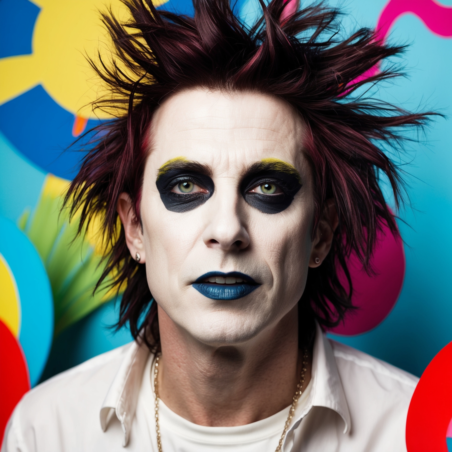 A portrait of Robert Smith, the lead singer and composer of The Cure, showcasing his characteristic wild hair and makeup, set against a backdrop that hints at the exuberant and upbeat style of 