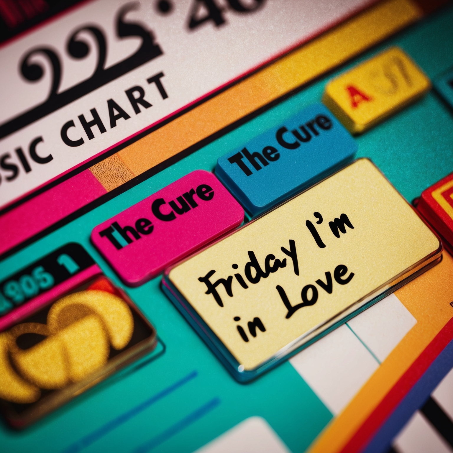 A vibrant image of a retro 1990s music chart, highlighting 