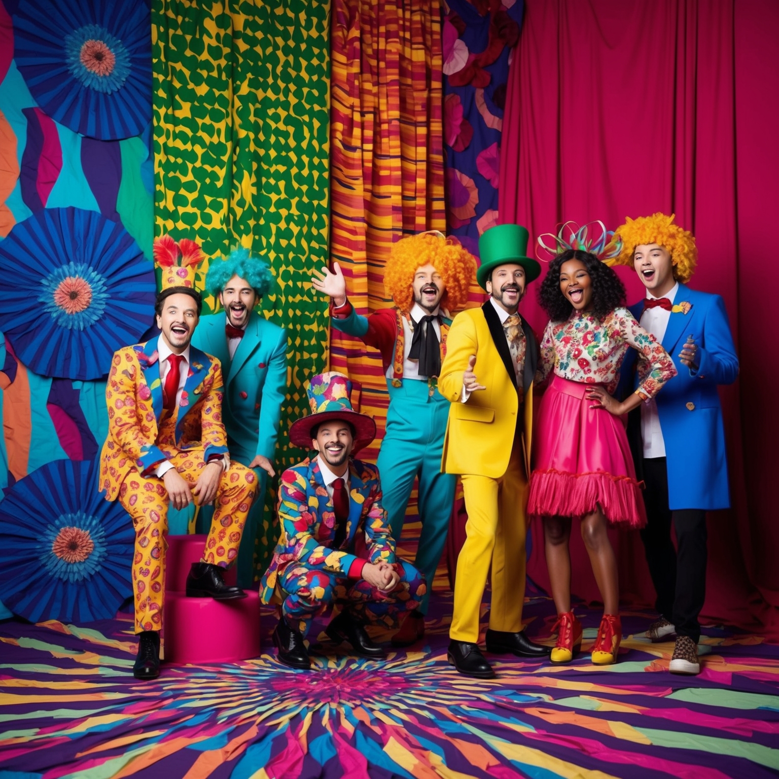 Visualize a colorful and whimsical music video setting, featuring a band in eccentric costumes against shifting backgrounds of vivid patterns. Include playful sequences, vibrant colors, capturing the joyous and spontaneous spirit of a song celebrating love and the joy of Fridays.