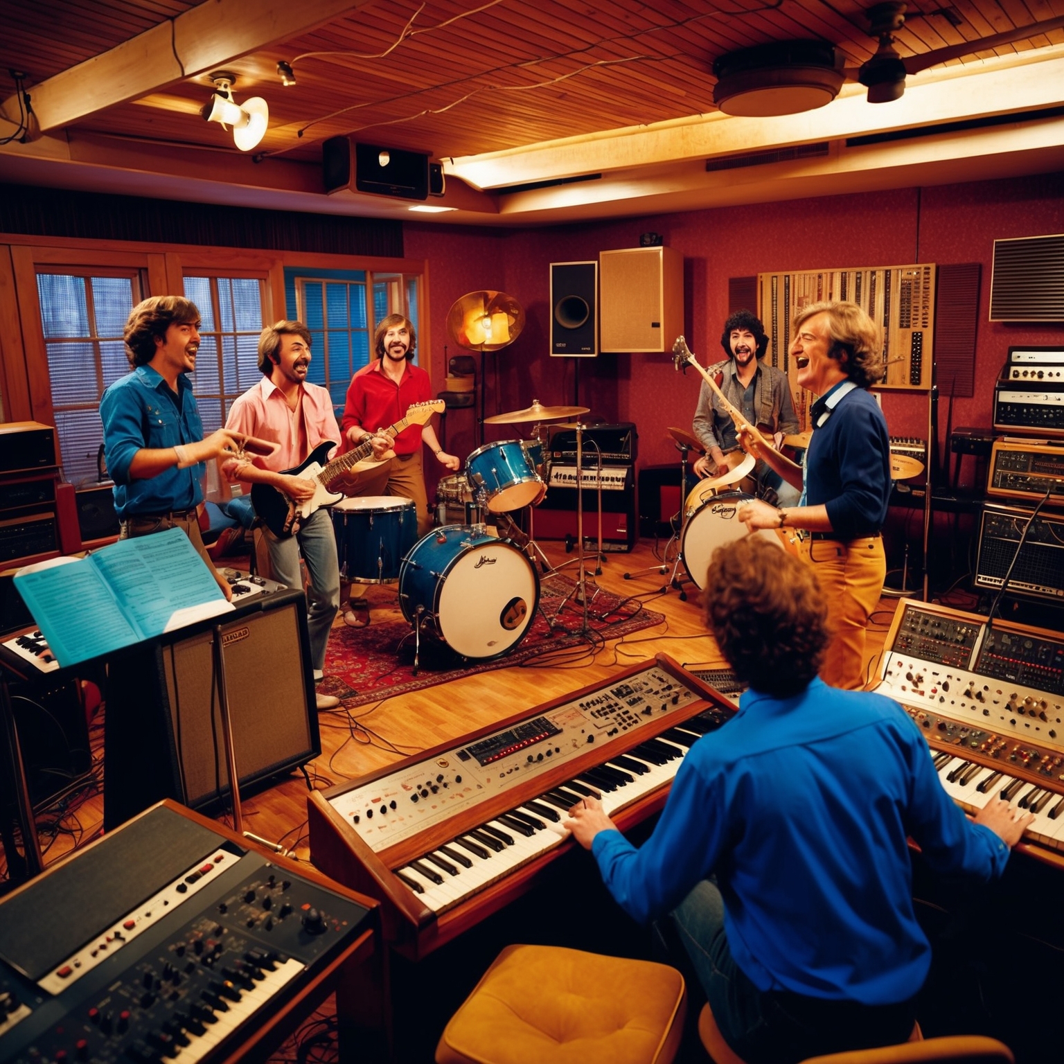 A vibrant depiction of a recording studio filled with vintage equipment, capturing the essence of a lively music session with various instruments like guitars, drums, and keyboards. Watch as the band members energetically interact with their instruments, set against the backdrop of a cozy, homely studio environment. The scene should reflect the joyfulness of an upbeat pop-rock recording session in the late 1980s or early 1990s.