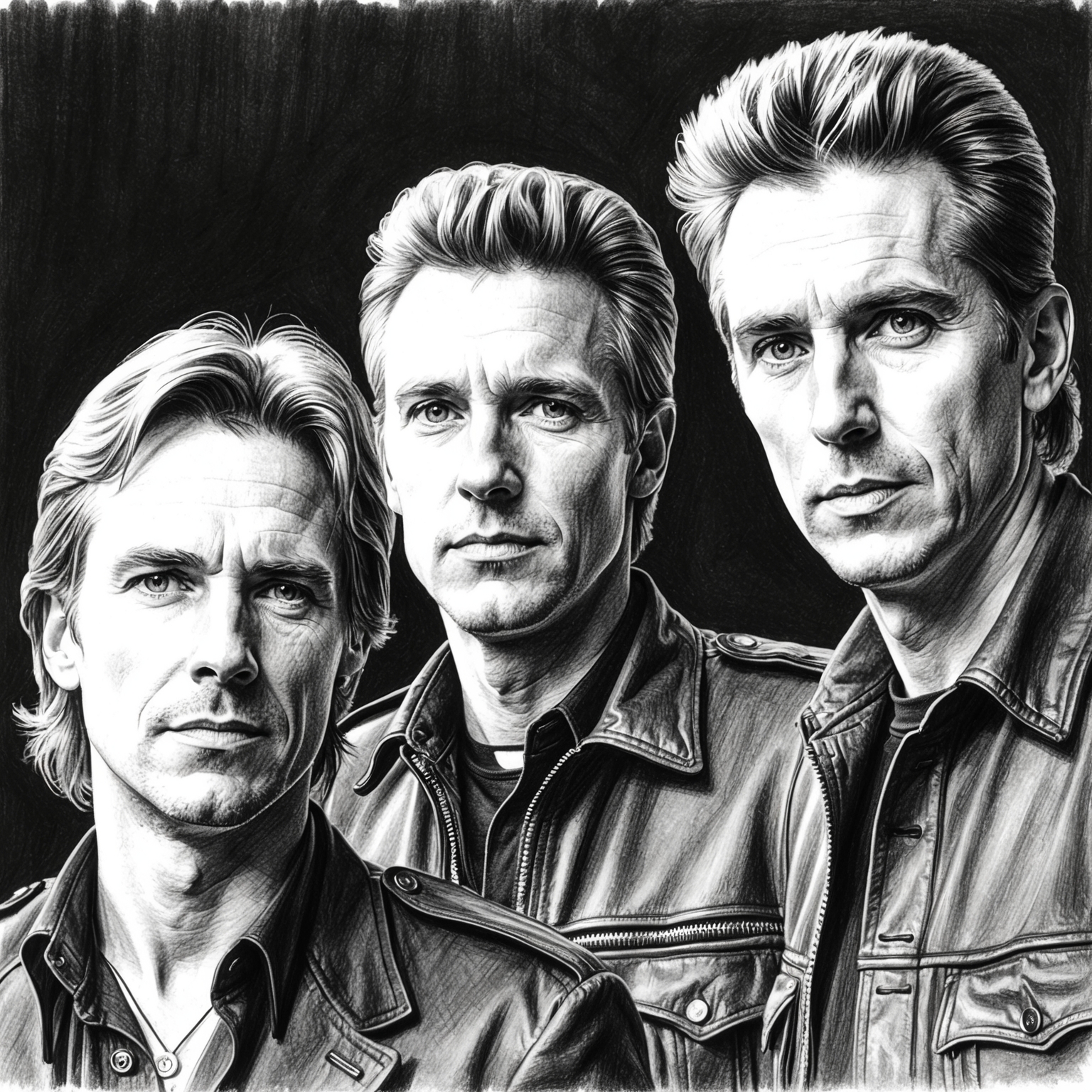 Create a charcoal, stylistic drawing of The Police band members with a black and white theme. The artwork should have a half-finished feel, focusing on Sting, Andy Summers, and Stewart Copeland, capturing the energy and charisma of the band from the early 1980s.