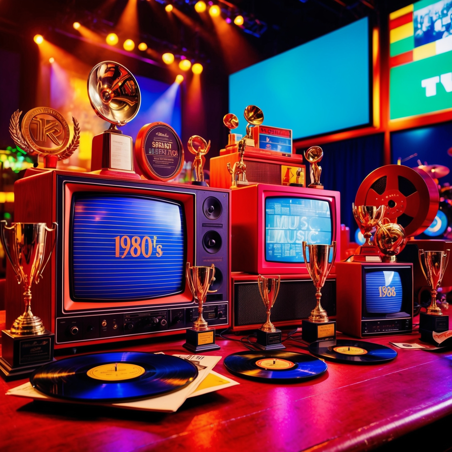 A vibrant retro-inspired image capturing the lively essence of the early 1980s music scene. It should include visual elements that symbolize awards and accolades, such as trophies and records, alongside nostalgic representations of film and television screens. The setting should emanate the vibrant energy of live music and artistic reinterpretations.