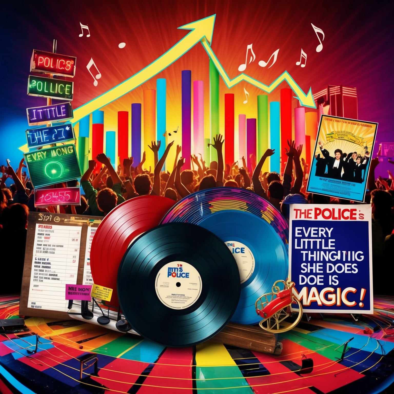 An energetic and vibrant image capturing the essence of 1980s pop and rock music culture, featuring elements like musical notes, colorful vinyl records, and charts rising with a background of a cheering crowd to symbolize chart-topping success. Include a retro vibe with neon colors and vintage posters, conveying the excitement and impact of The Police