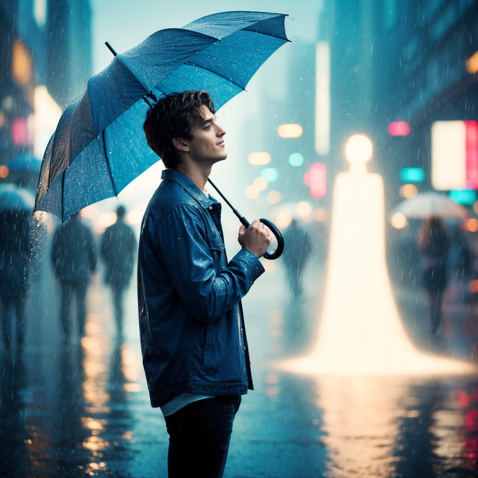 An evocative image capturing a young man standing in the rain, holding a large umbrella, gazing dreamily at a glowing silhouette of a woman in the distance. The setting is a bustling cityscape with soft, abstract lighting evoking a magical and romantic atmosphere, symbolizing the enchanting feeling of love. Raindrops are visible, enhancing the mood of vulnerability and longing, reflecting the song