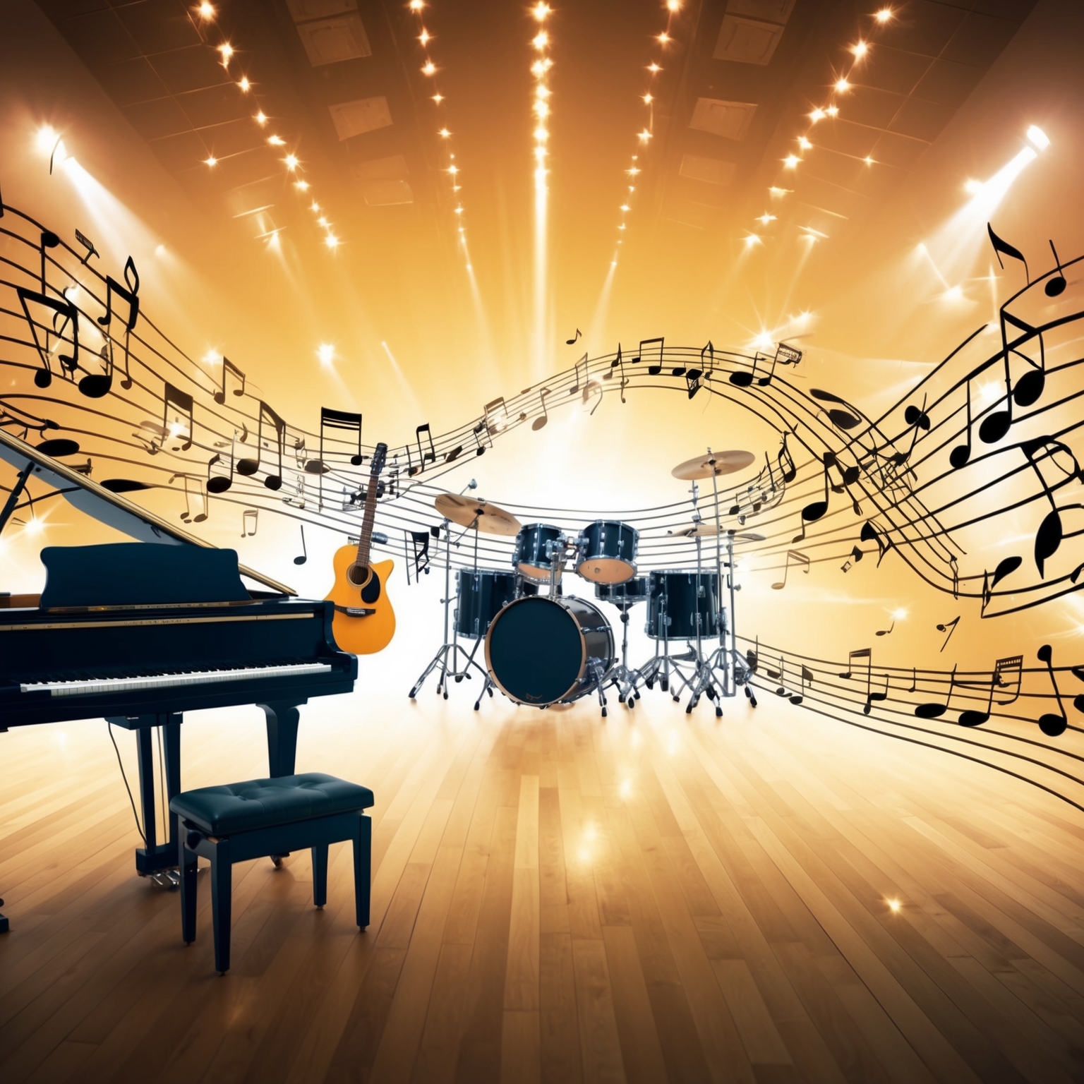 A visual representation of a bright and dynamic soundscape depicting musical notes and instruments like a piano, guitar, and drums interwoven in a harmonious flow, capturing the essence of the upbeat and romantic mood of a song in key of A major, evocative of an iconic pop-rock band recording in a renowned studio.