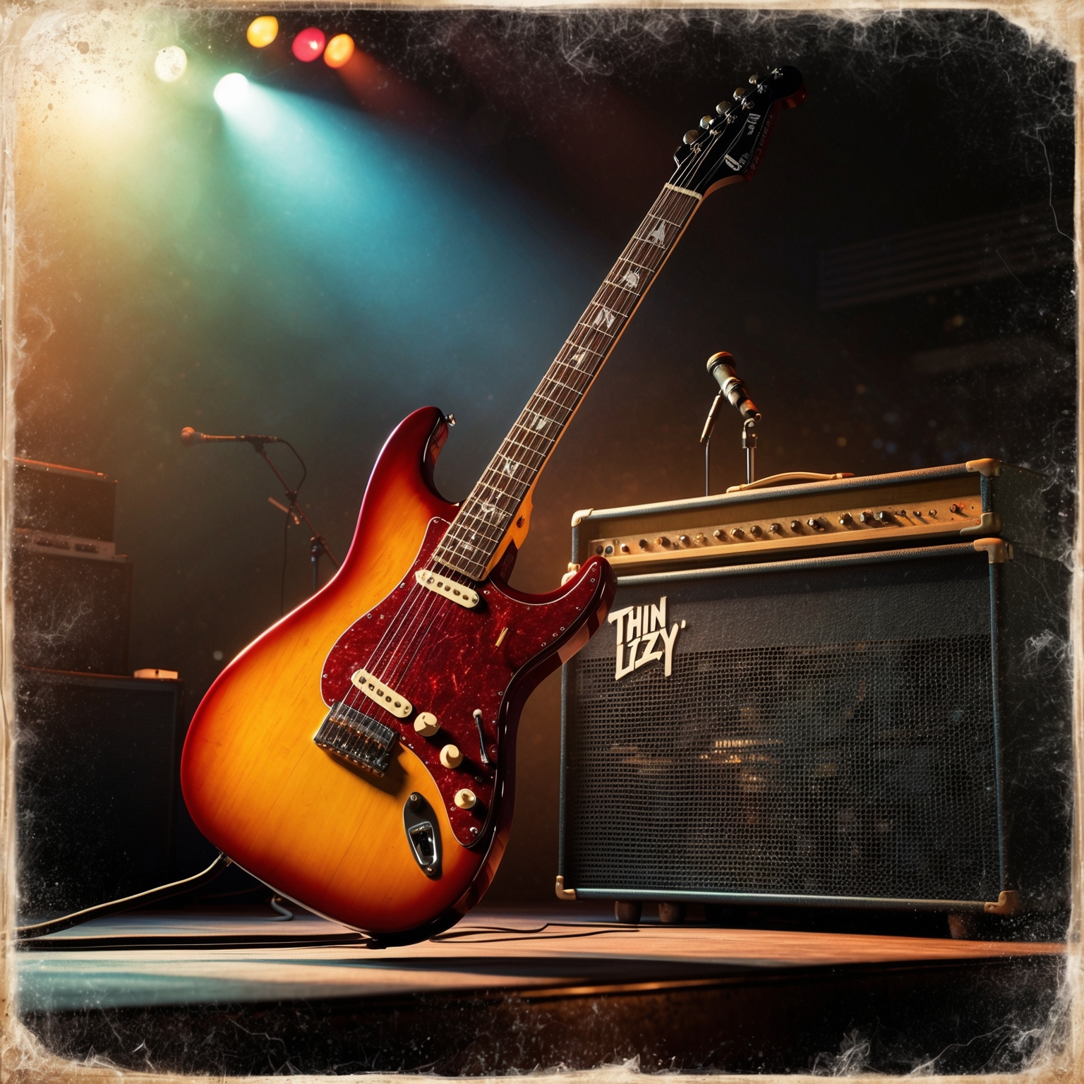 An artistic rendering of a classic rock concert featuring an electric guitar on stage with spotlight on it, capturing the essence of Thin Lizzy