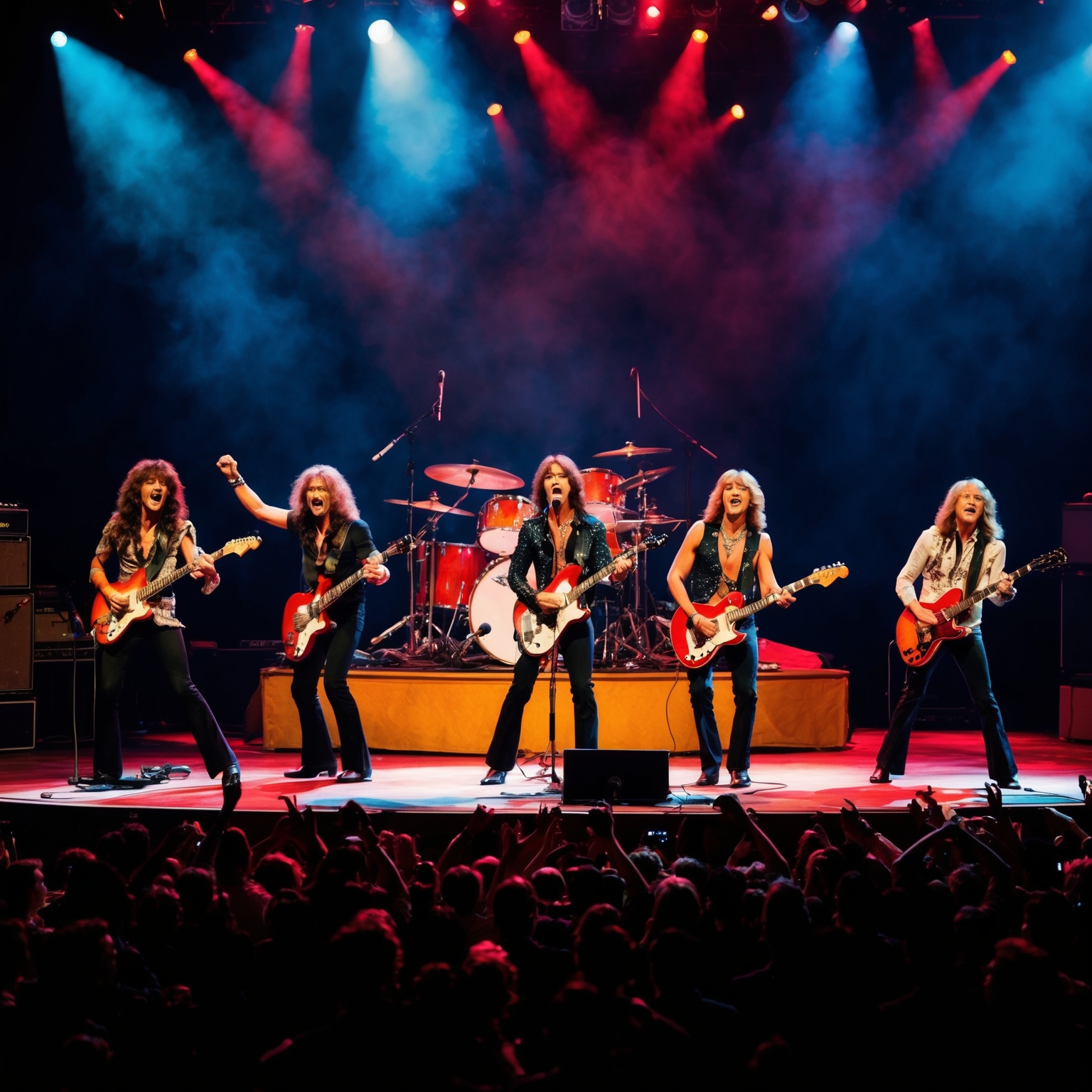 Create an image of Thin Lizzy performing on stage in the 1970s, showcasing their dynamic stage presence with vibrant lighting. Capture the essence of a rock band