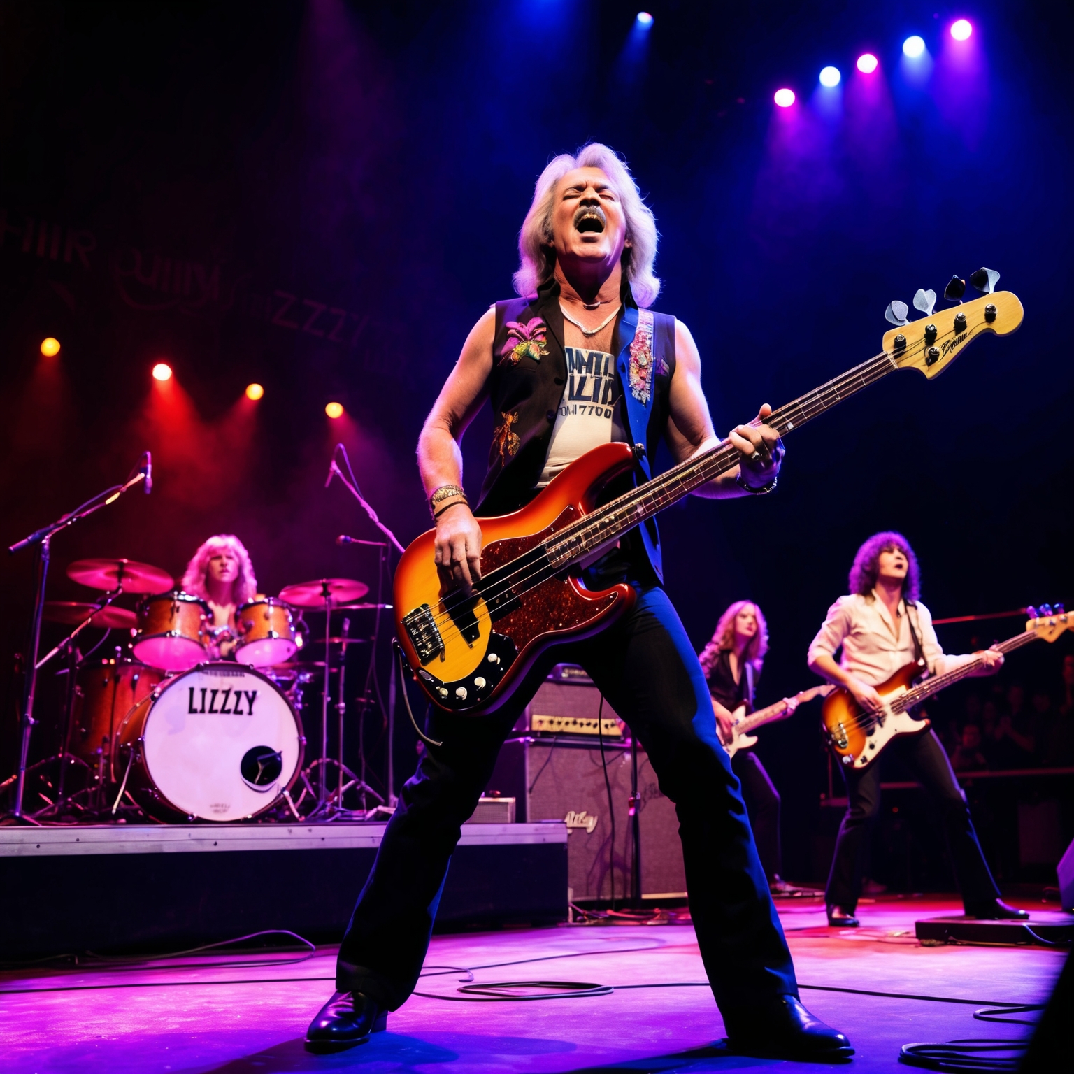 A vintage concert scene depicting Thin Lizzy performing on stage in the 1970s, with a passionate audience and vibrant lighting. Highlight Phil Lynott at the forefront with his iconic bass and charismatic presence.